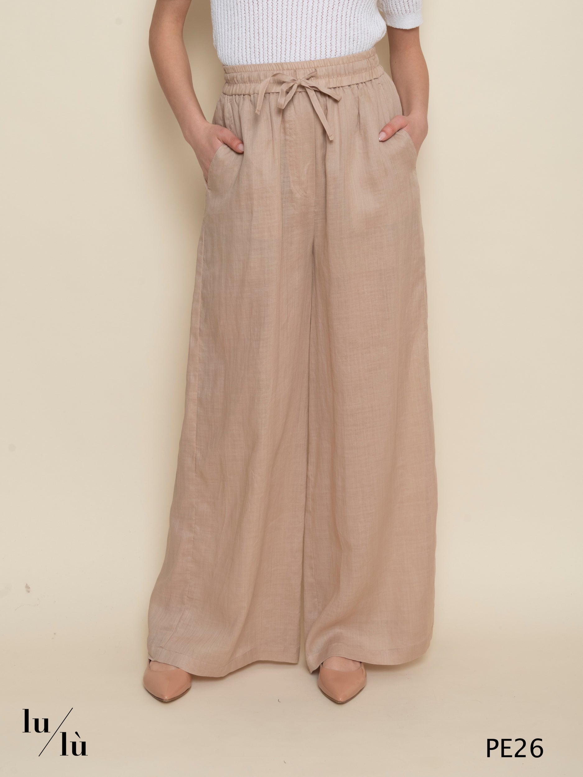 Betulla - Pantalone donna largo con coulisse in ramie