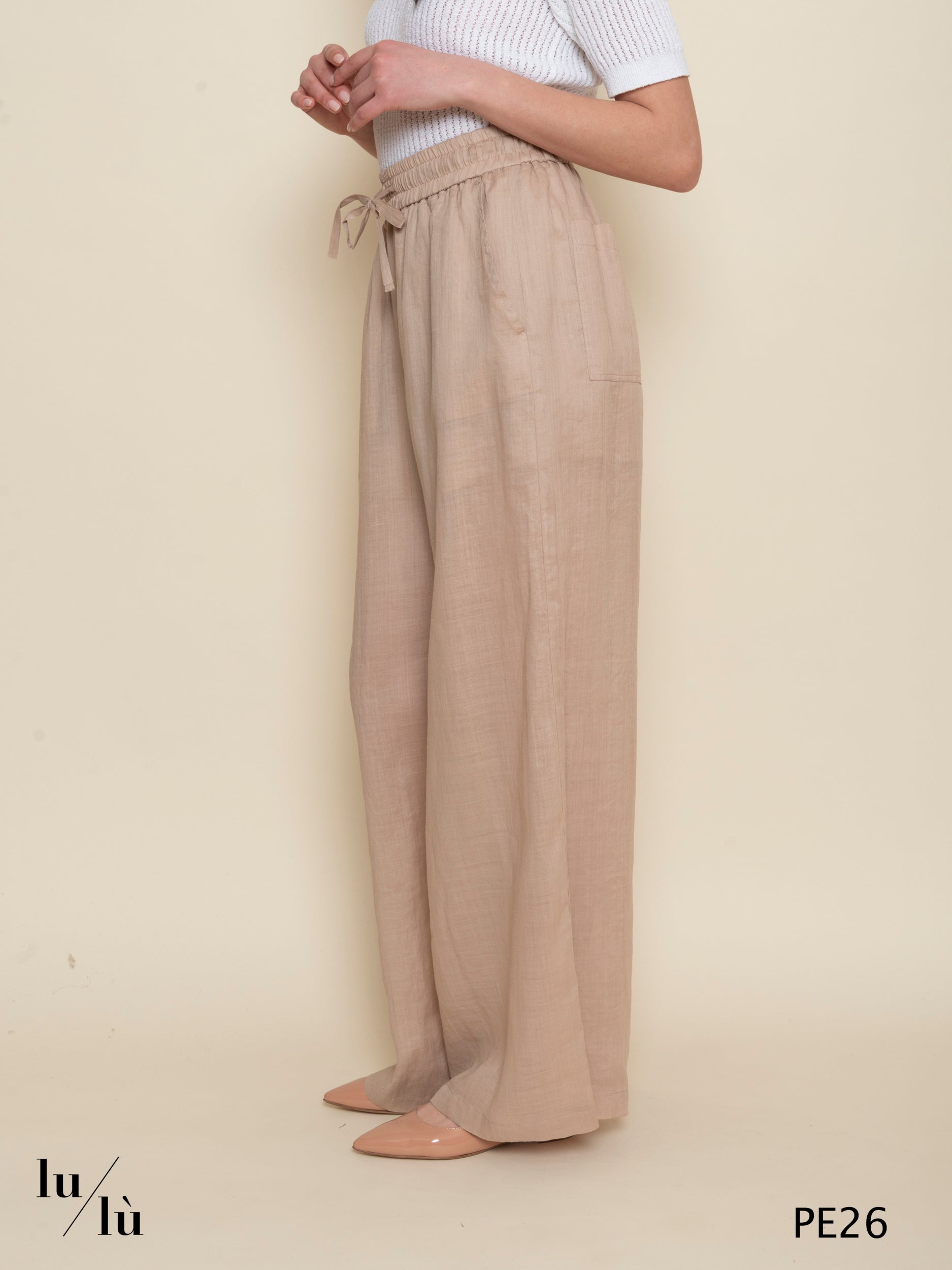 Betulla - Pantalone donna largo con coulisse in ramie