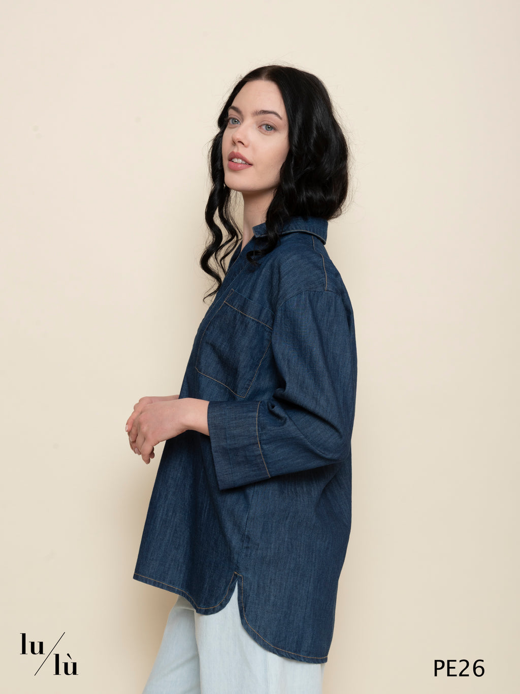 Gigliola - Blusa donna denim con taschini frontali