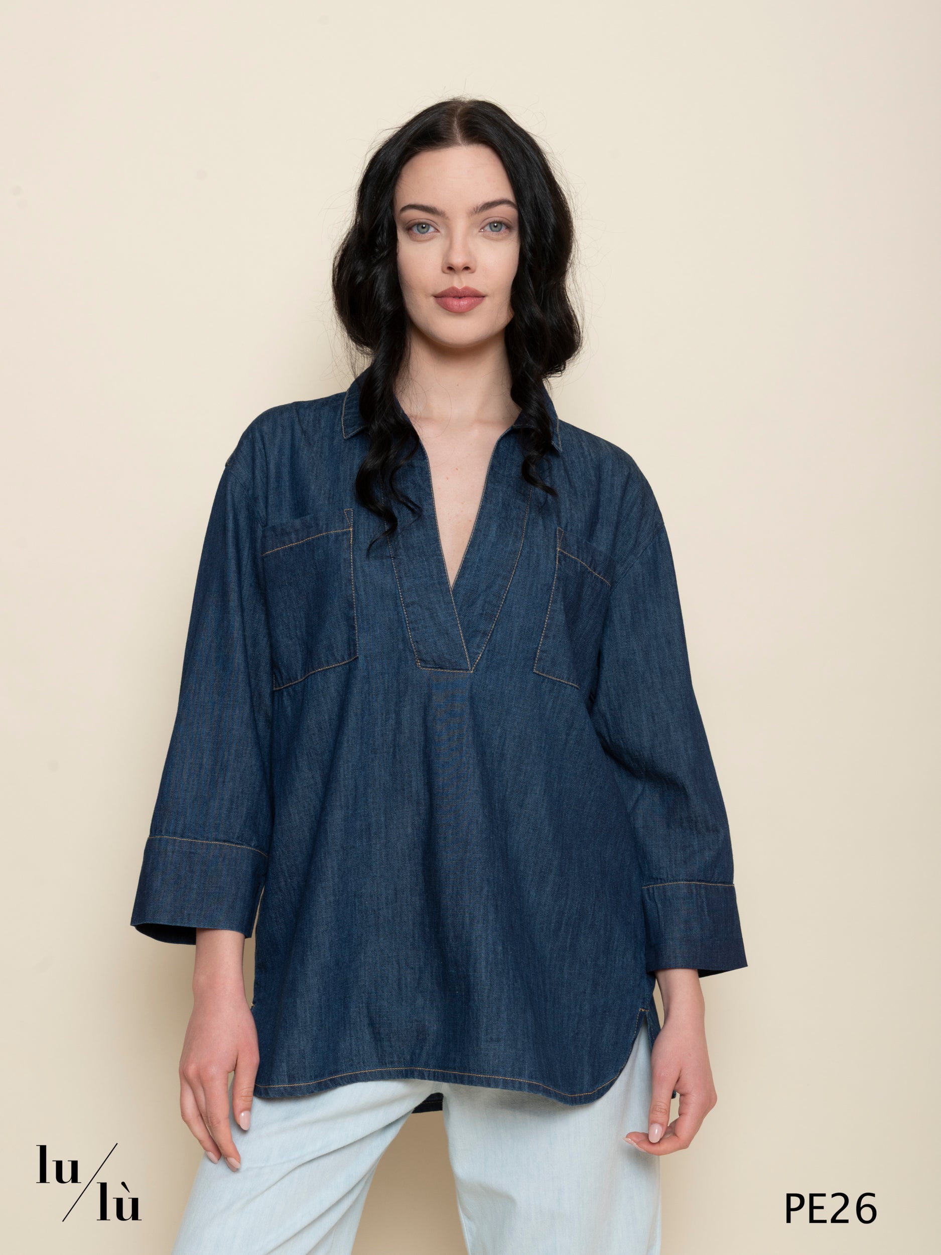 Gigliola - Blusa donna denim con taschini frontali