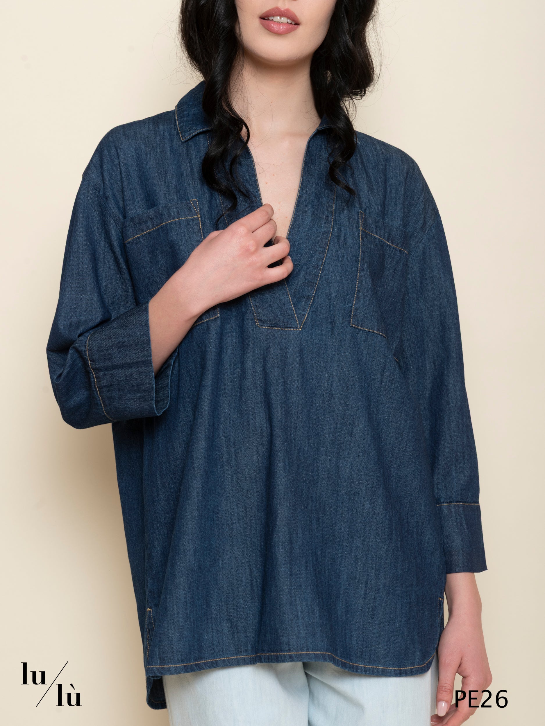 Gigliola - Blusa donna denim con taschini frontali