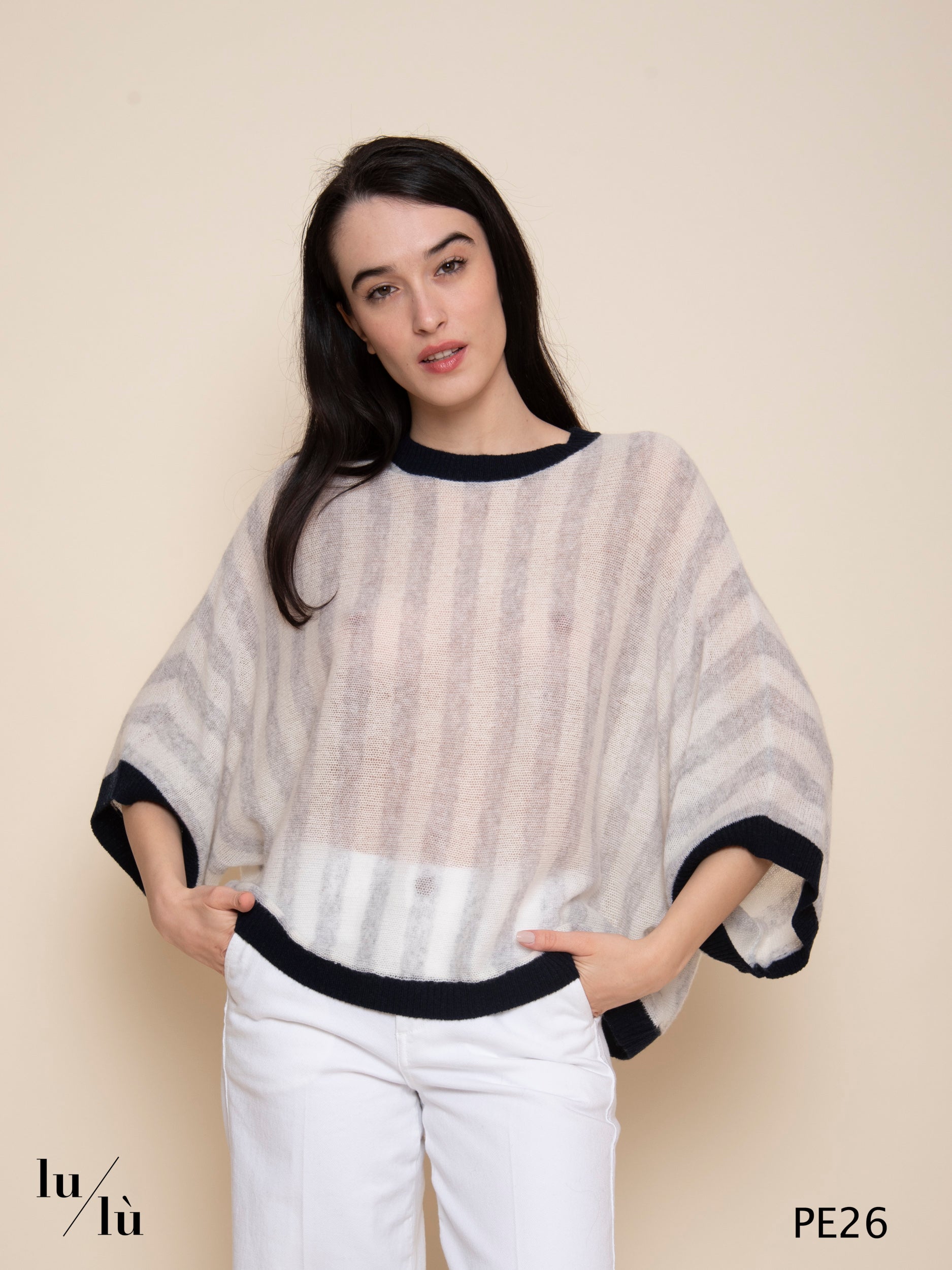 Nettie - Maglia poncho donna a righe in cashmere