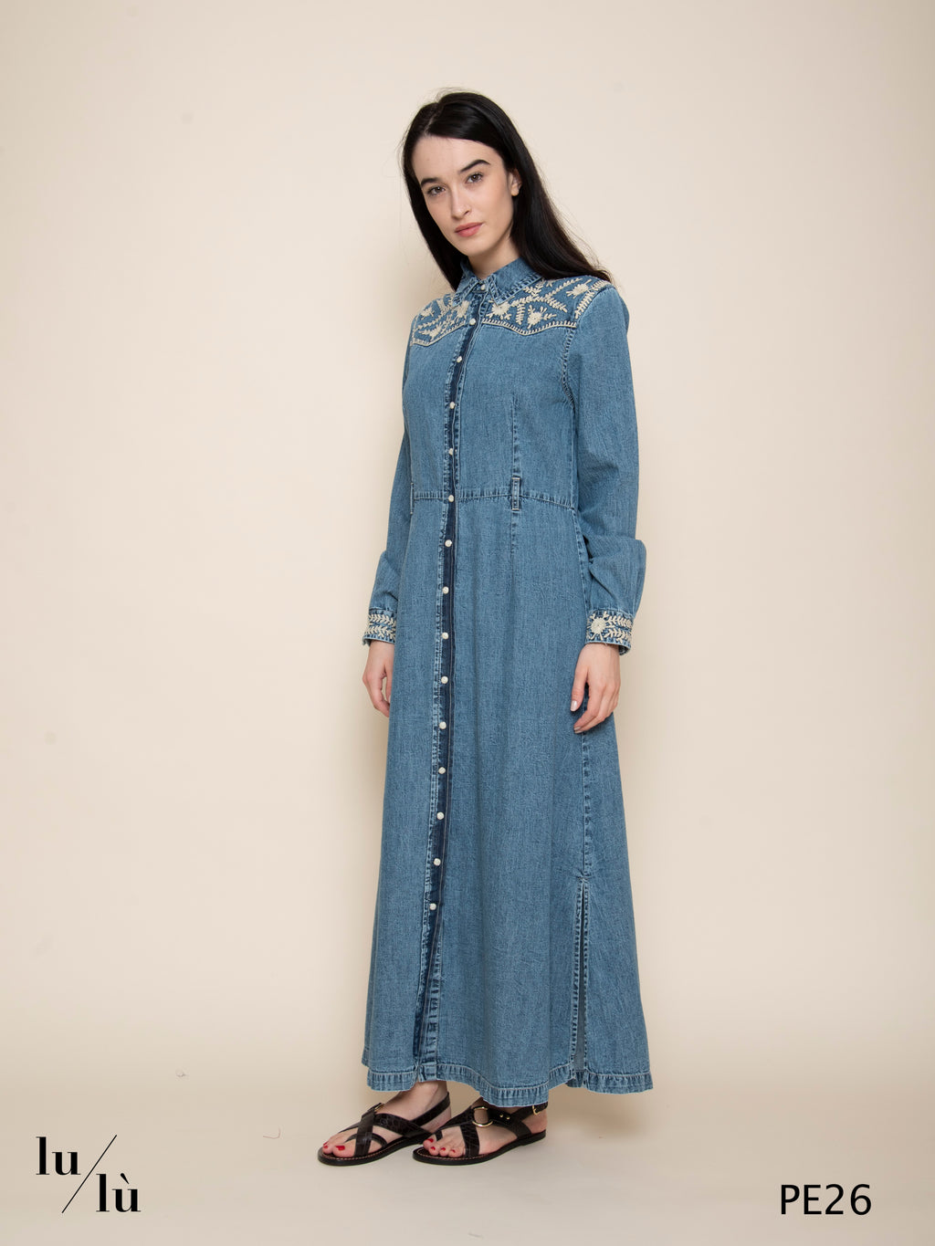 Angelina - Abito donna chemisier in denim con ricami