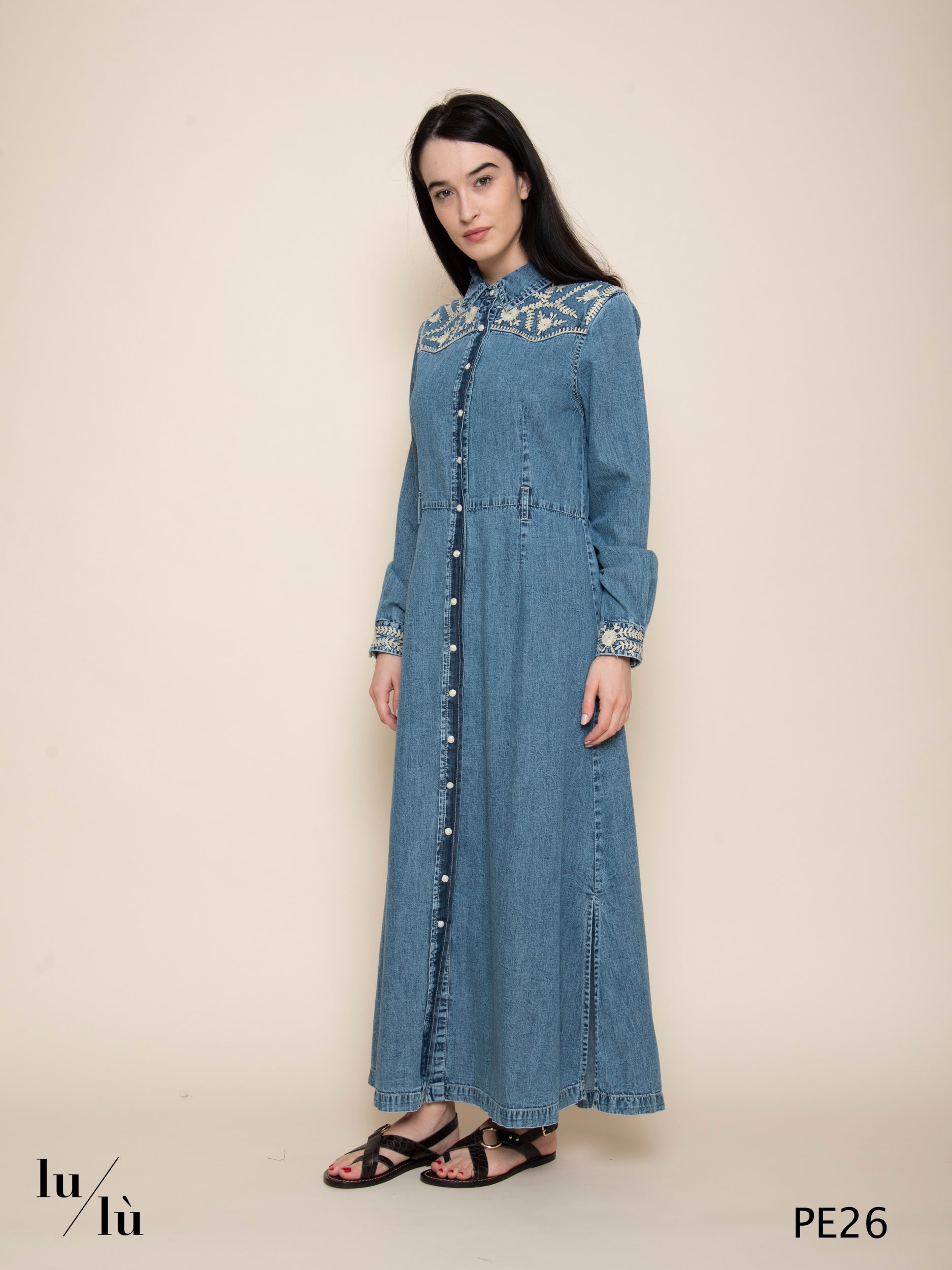 Angelina - Abito donna chemisier in denim con ricami