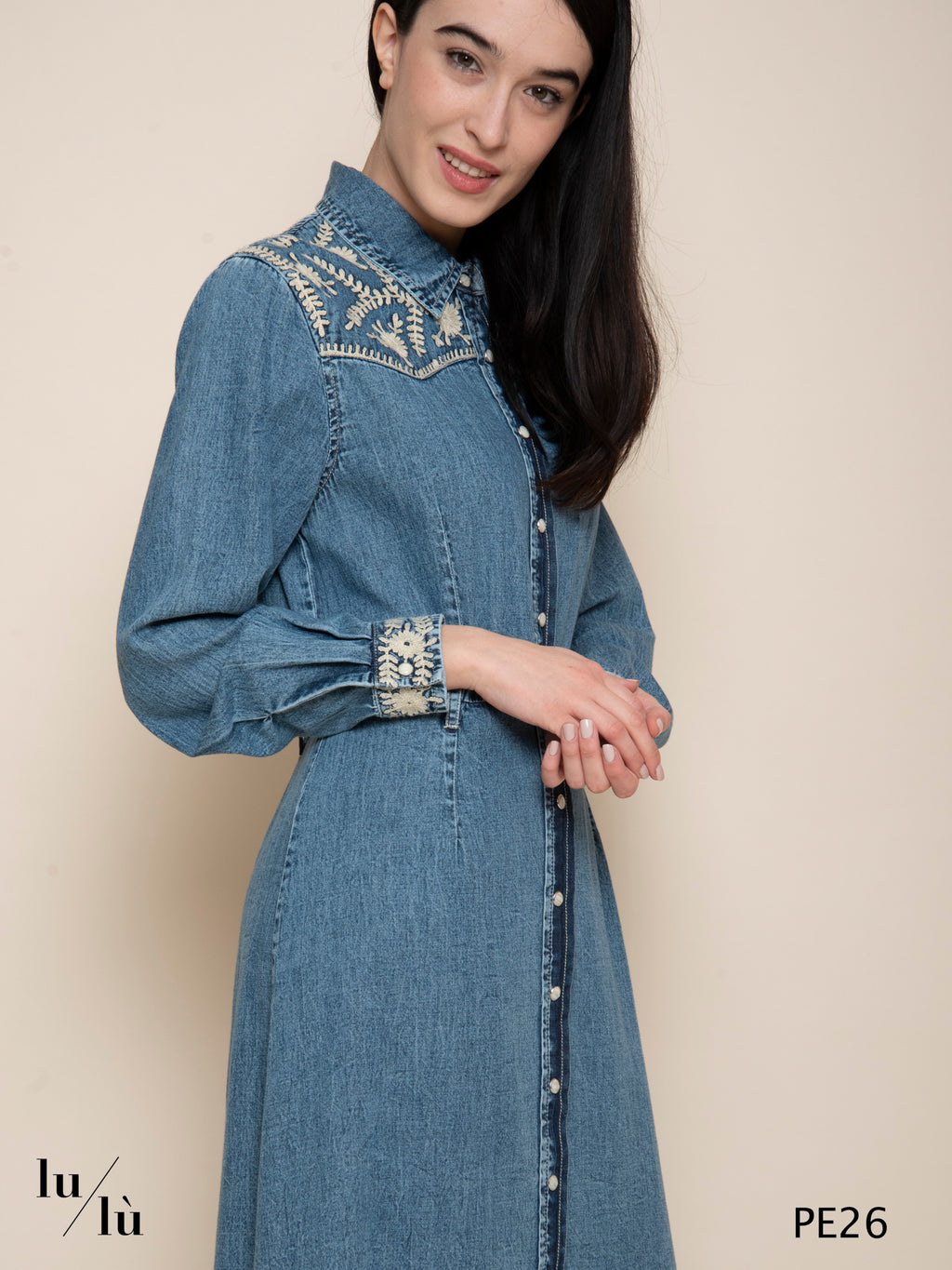 Angelina - Abito donna chemisier in denim con ricami