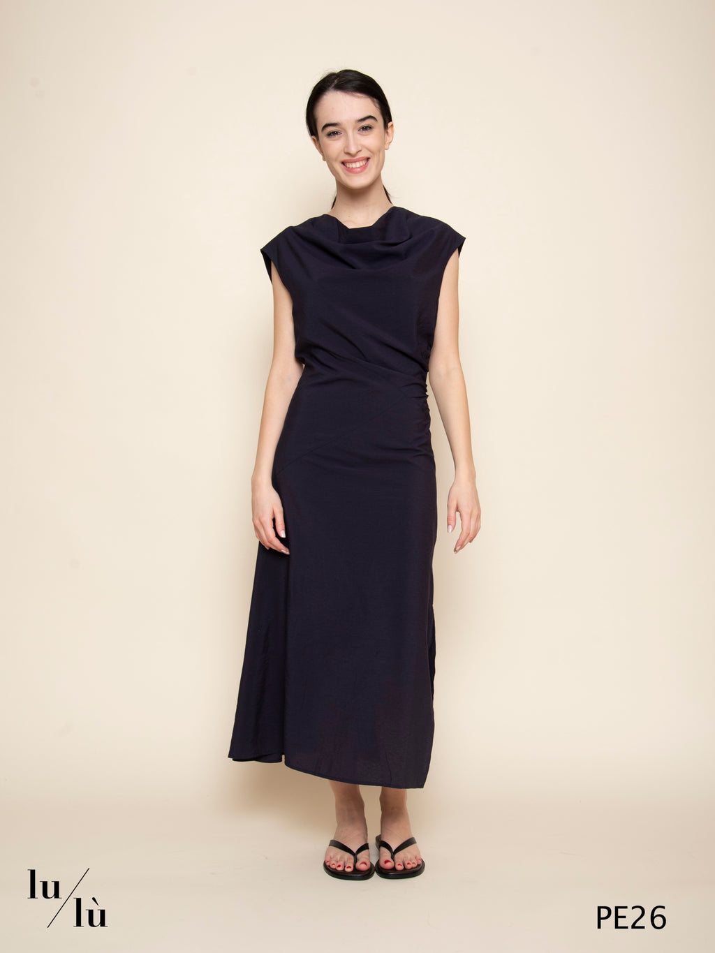 Eugenie - Abito donna midi sciancrato con drappeggio