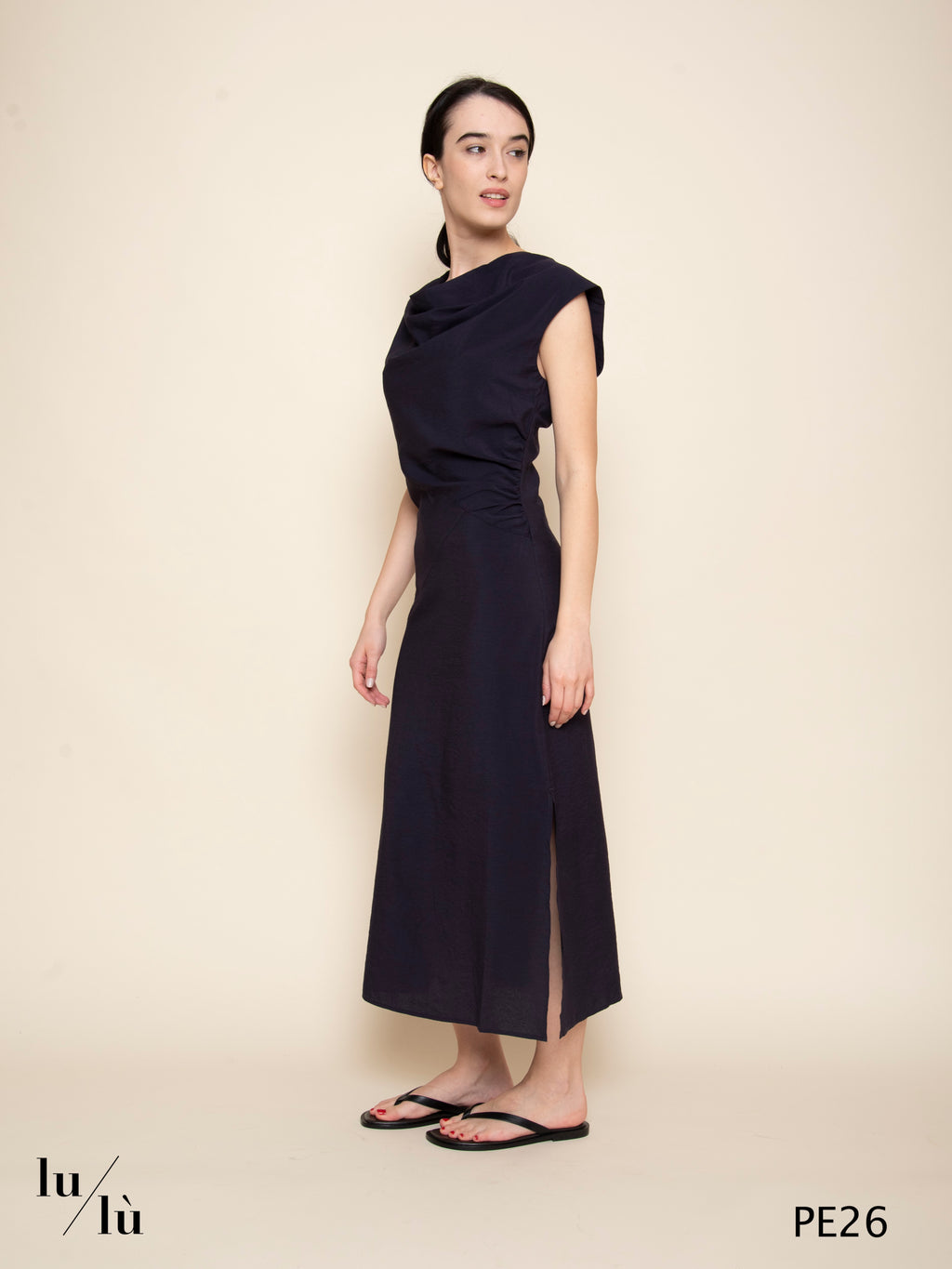 Eugenie - Abito donna midi sciancrato con drappeggio