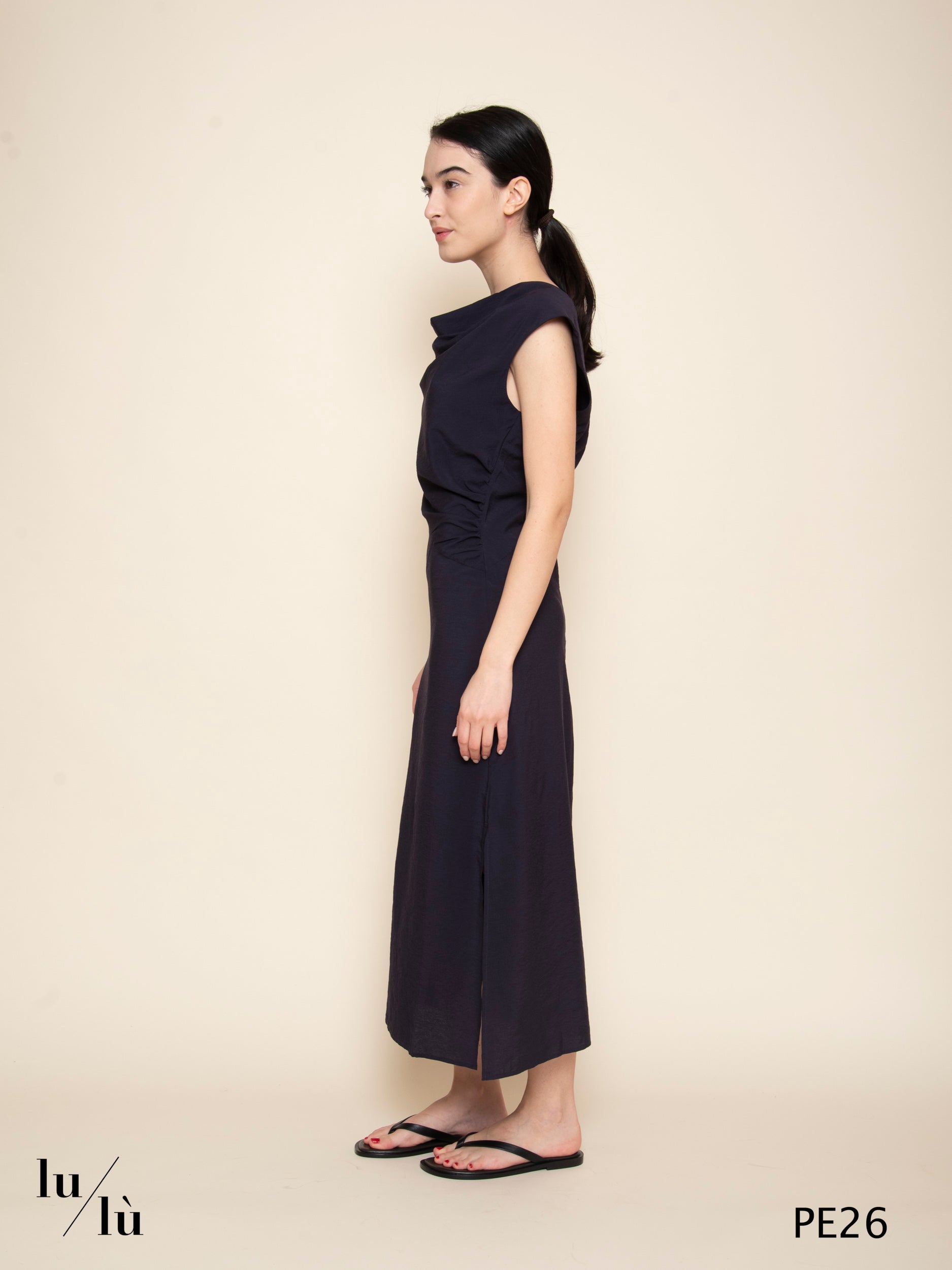 Eugenie - Abito donna midi sciancrato con drappeggio