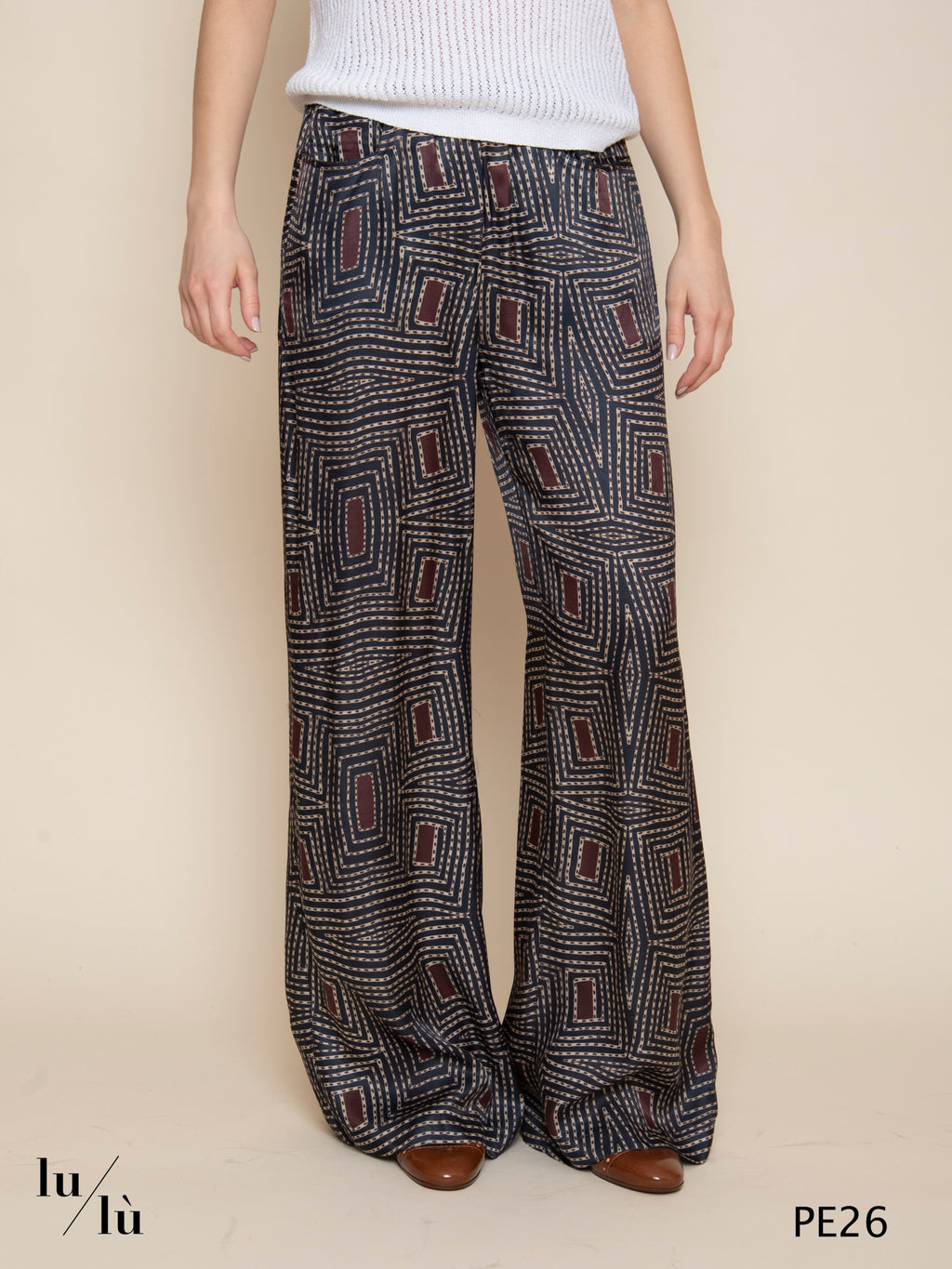Pindo - Pantalone donna in seta stampata a gamba larga