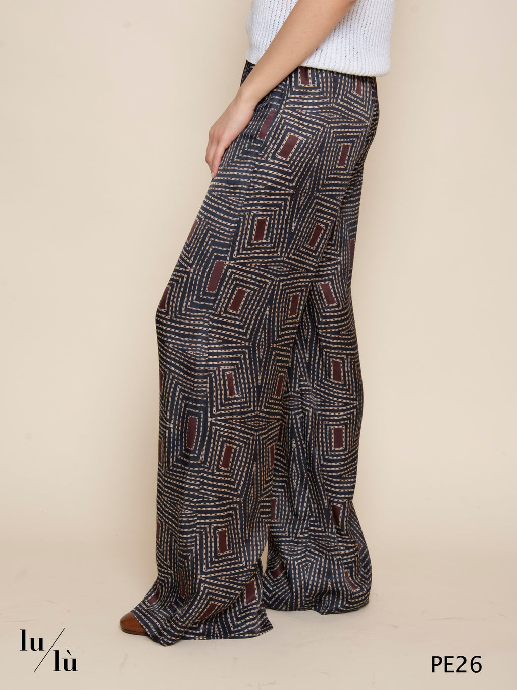 Pindo - Pantalone donna in seta stampata a gamba larga