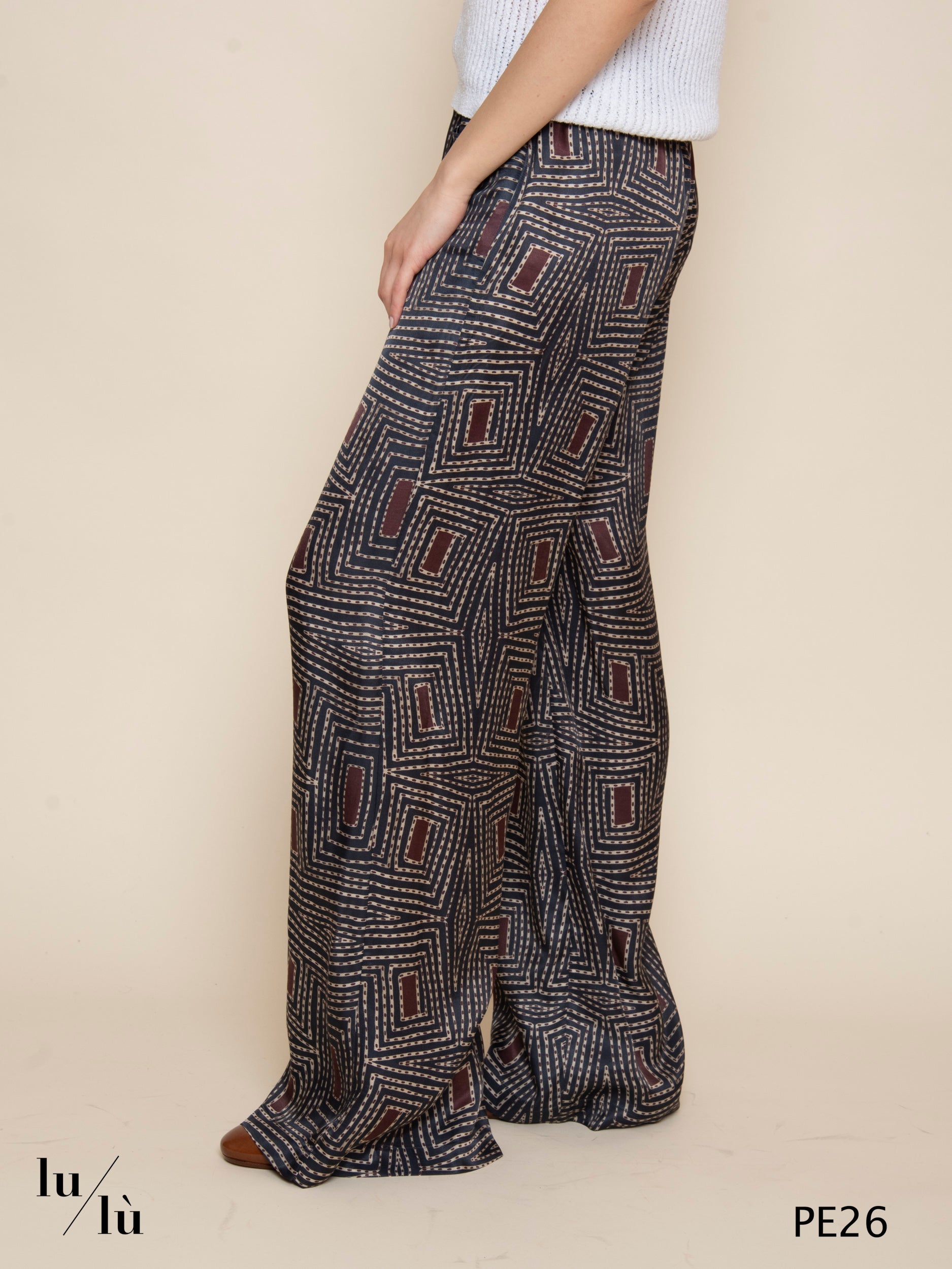 Pindo - Pantalone donna in seta stampata a gamba larga