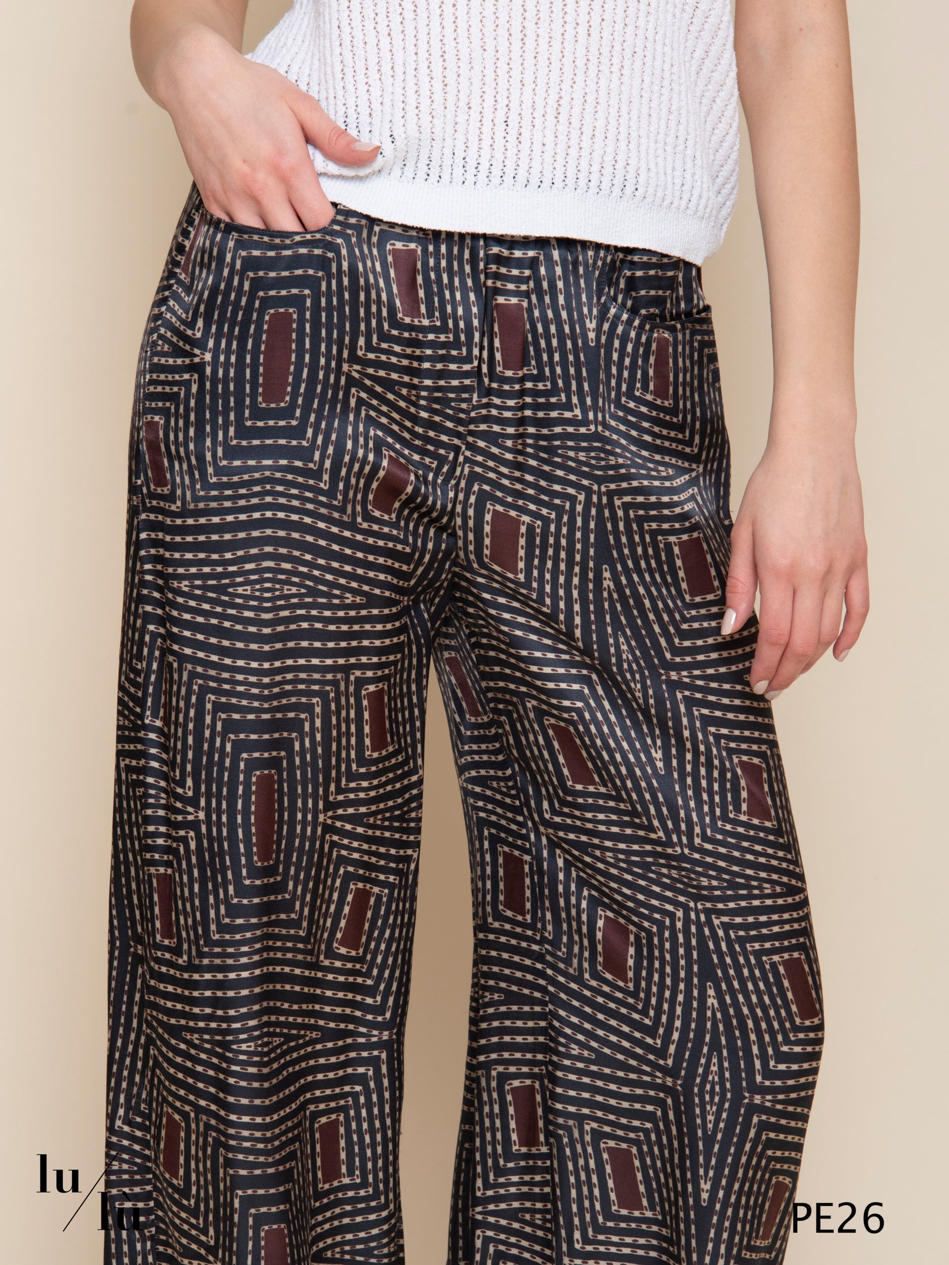 Pindo - Pantalone donna in seta stampata a gamba larga