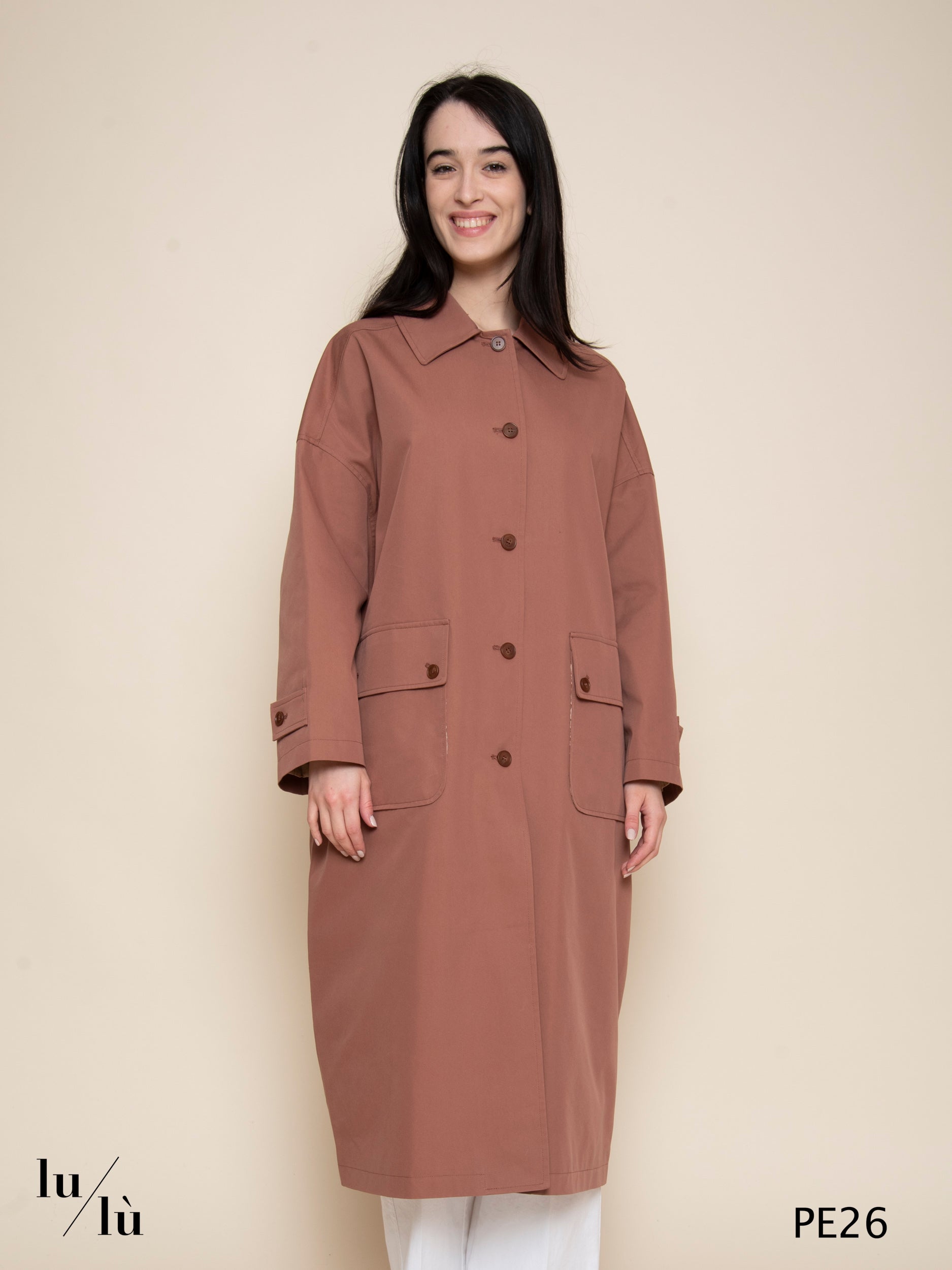 Fly - Trench donna lungo in cotone con fodera a righe
