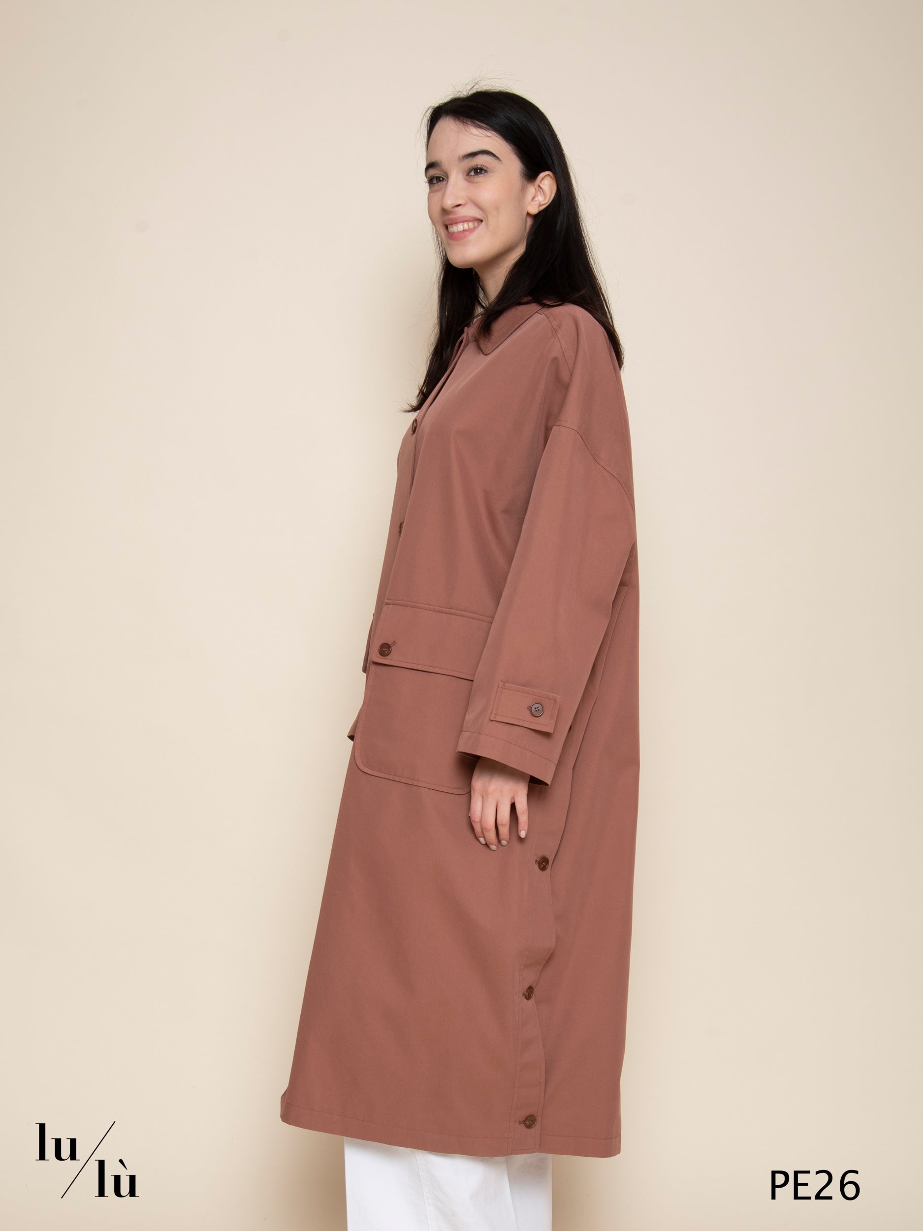 Fly - Trench donna lungo in cotone con fodera a righe