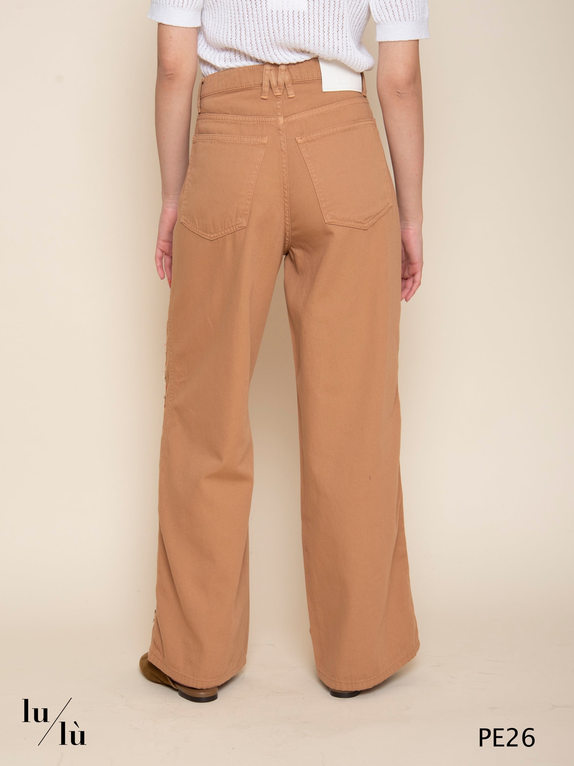 Aoki - Pantalone donna ricamato in canvas tinto capo