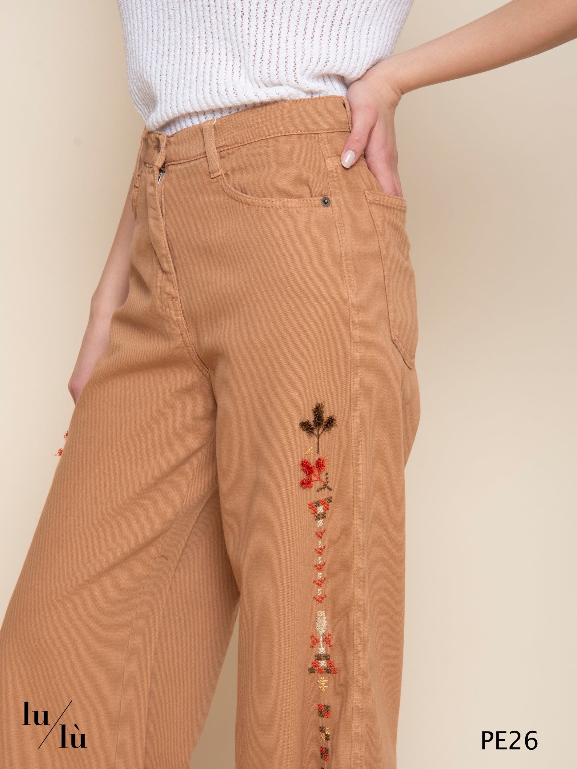 Aoki - Pantalone donna ricamato in canvas tinto capo