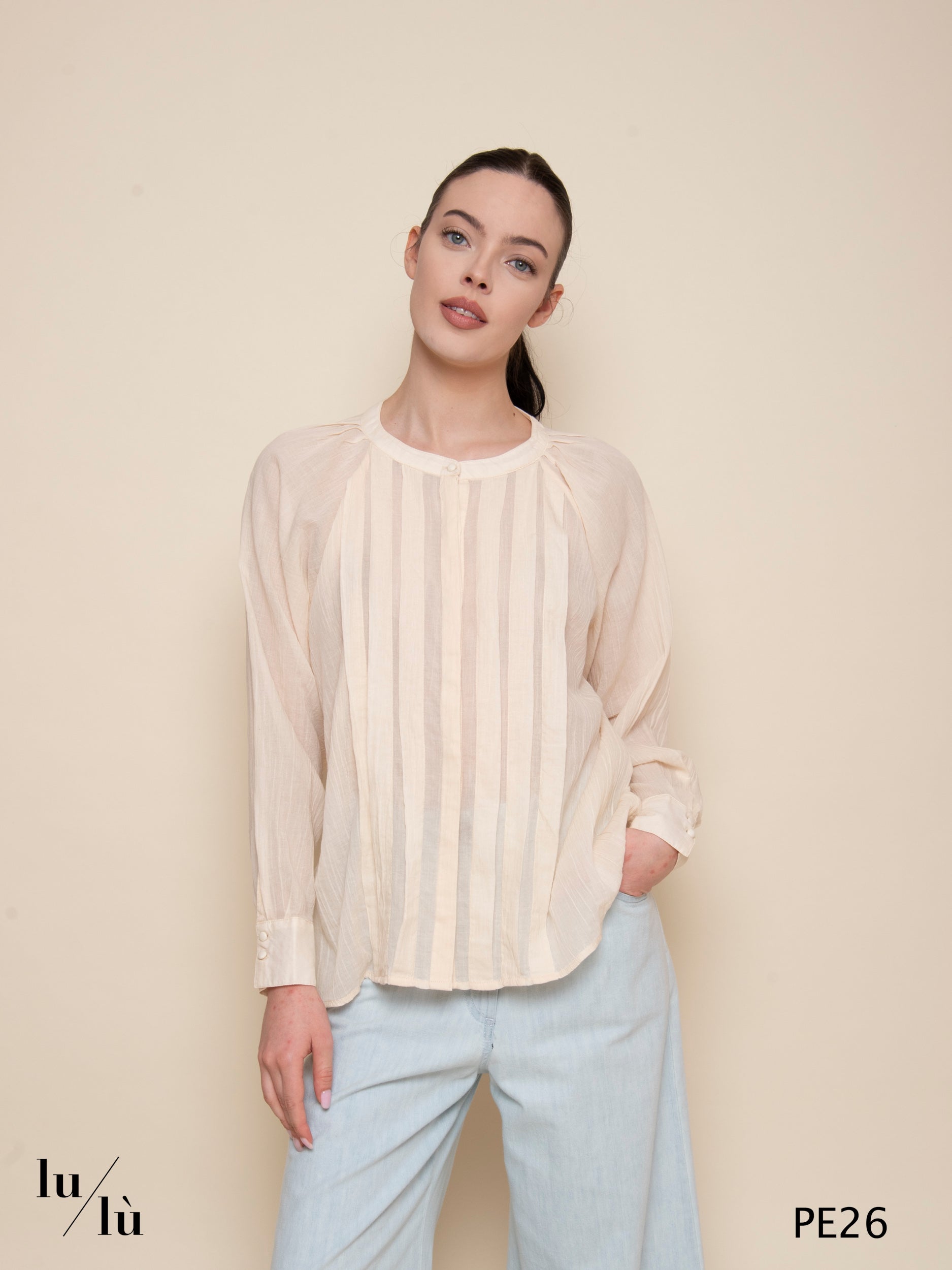 Celestio - Blusa donna in voile di cotone con pieghe frontali