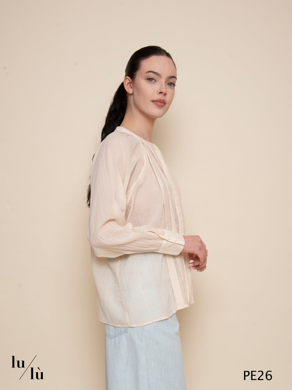 Celestio - Blusa donna in voile di cotone con pieghe frontali