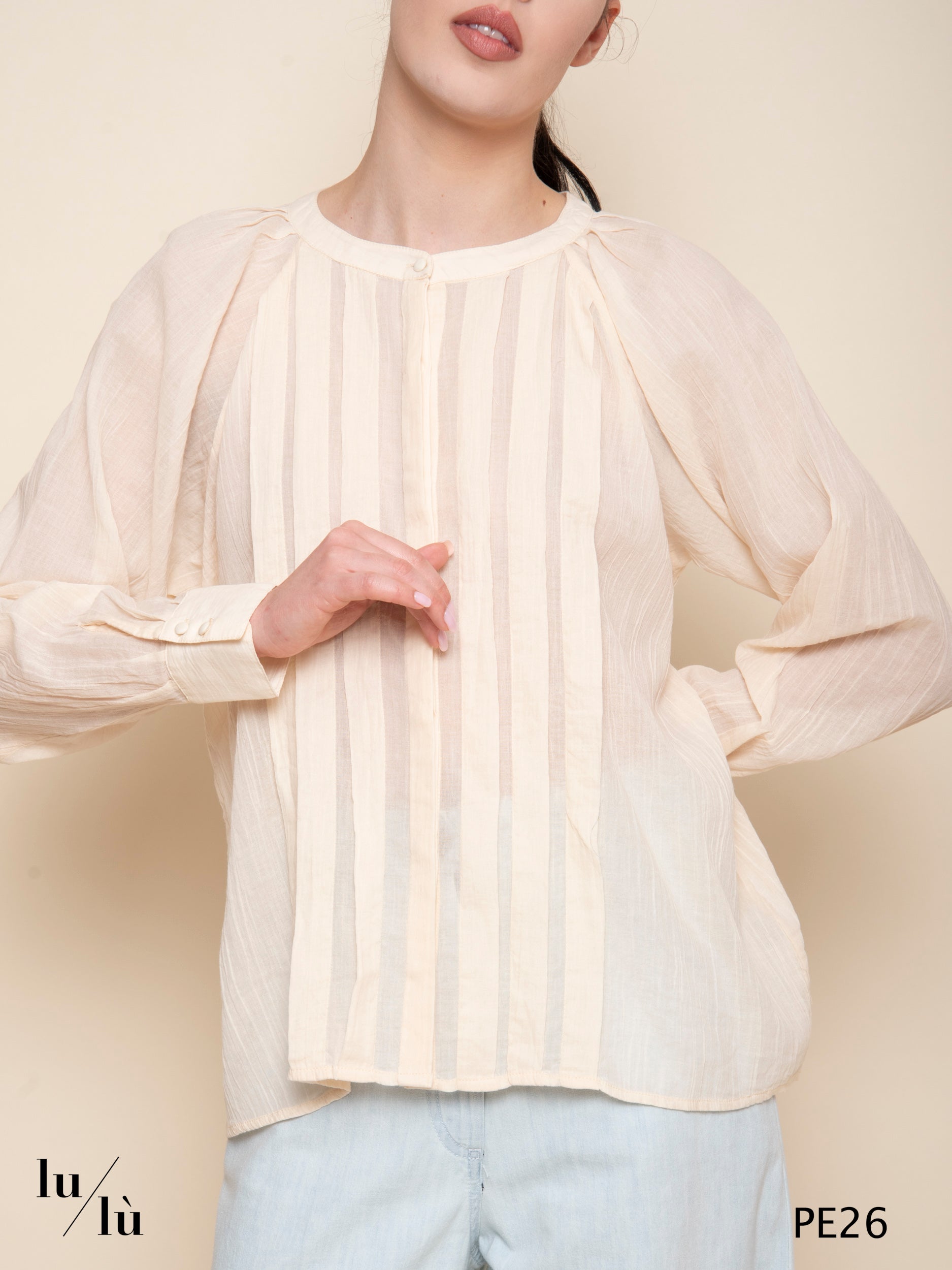 Celestio - Blusa donna in voile di cotone con pieghe frontali