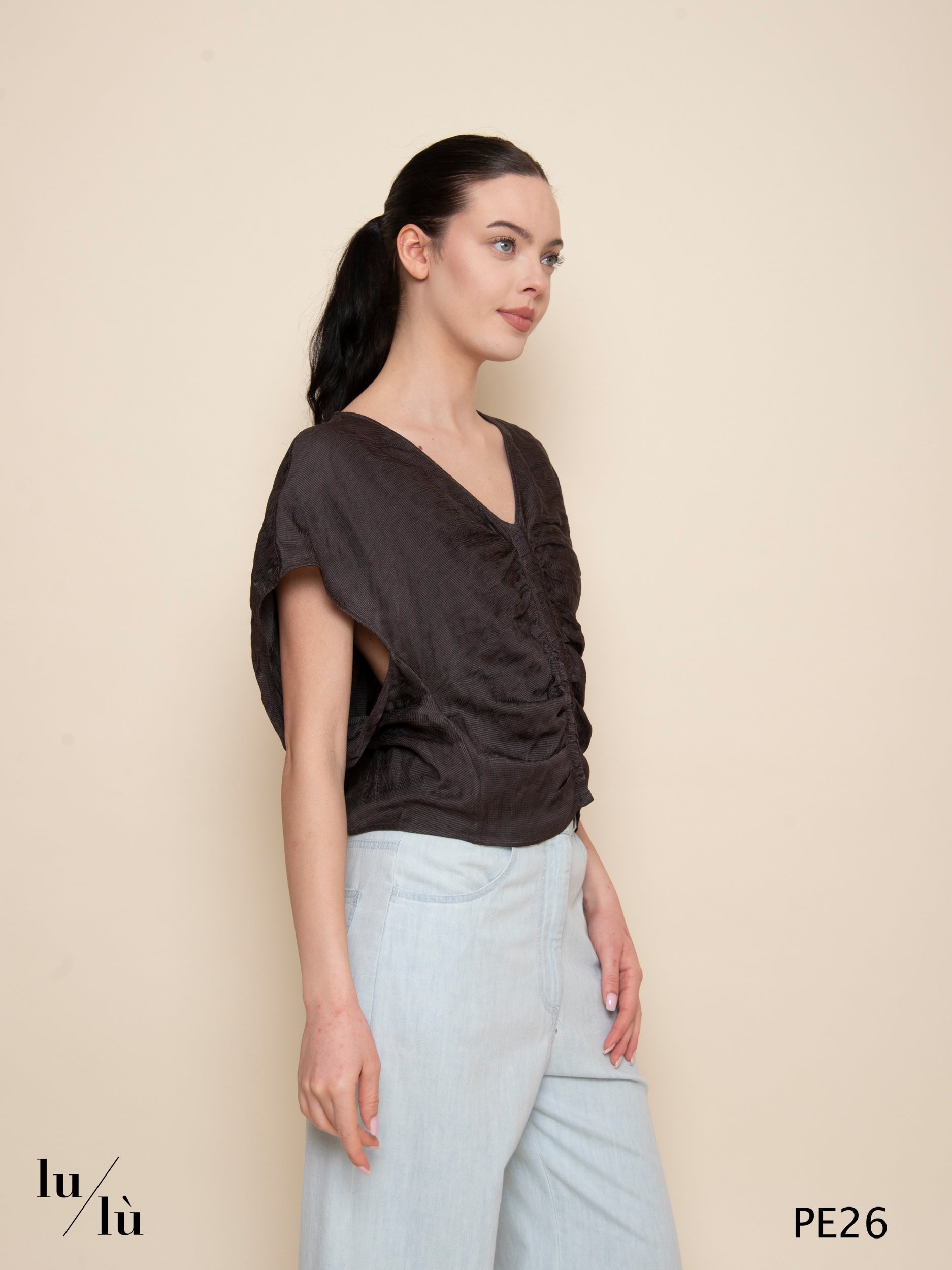 Perla - Top donna arricciato in viscosa con filo metallico