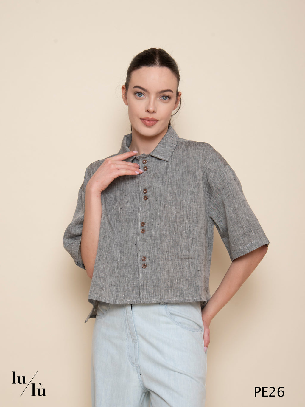 Opale - Blusa donna cropped in puro lino grigio