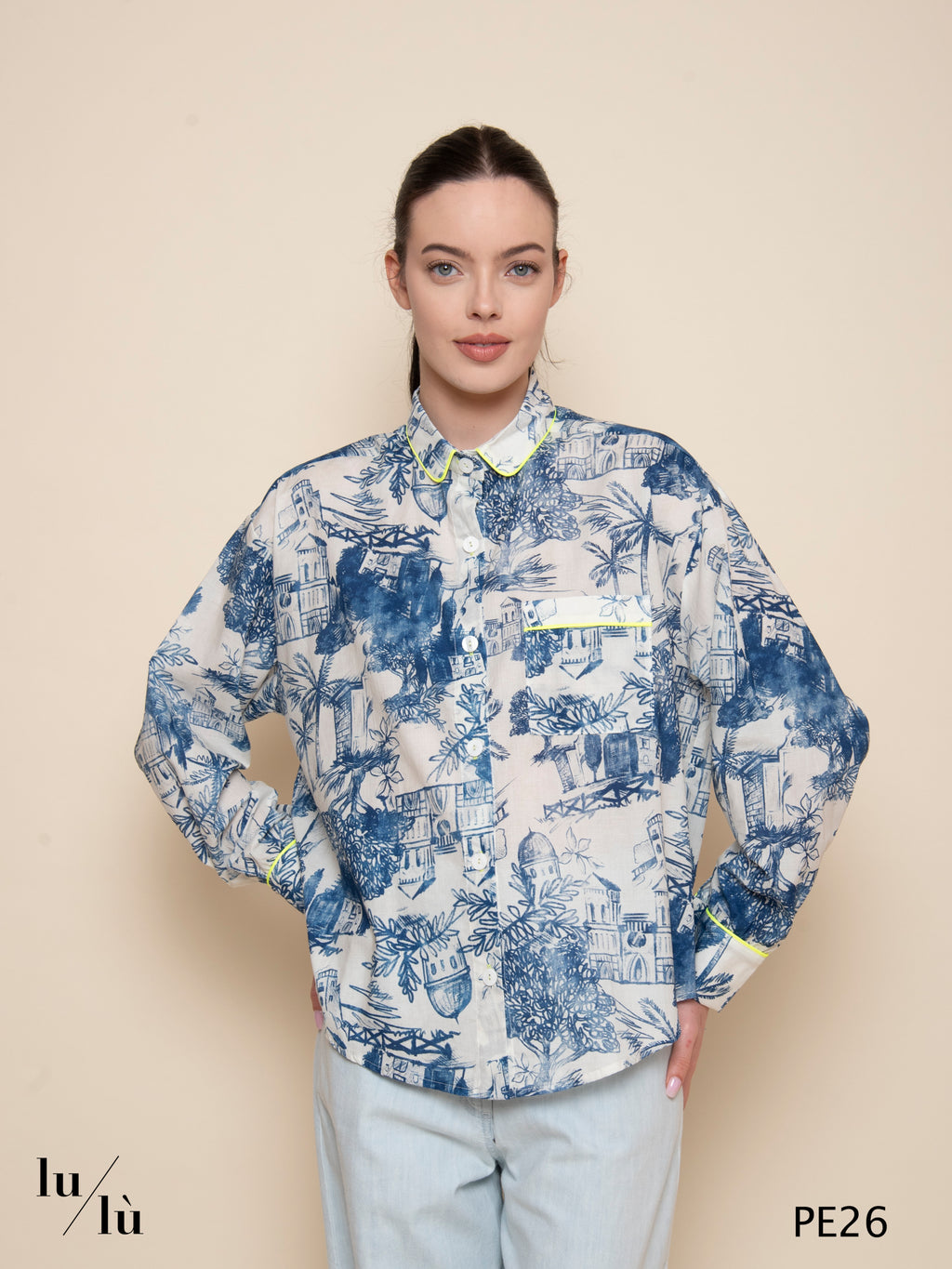 Ametista - Blusa in cotone stampato con piping