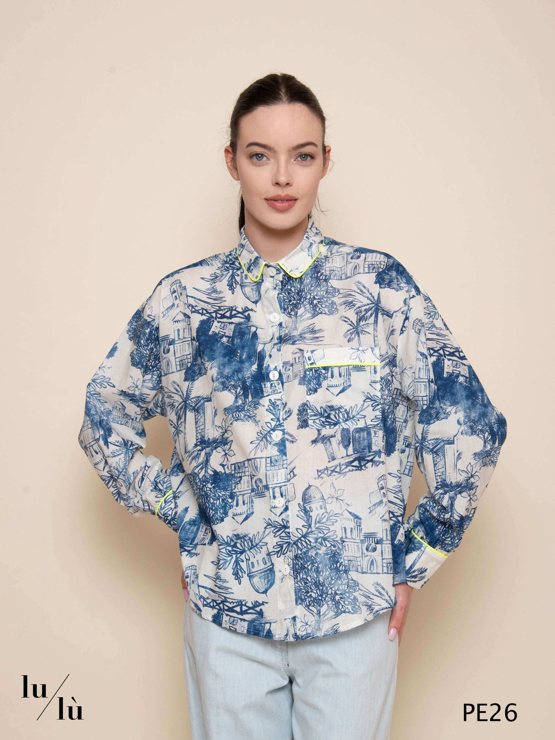 Ametista - Blusa in cotone stampato con piping