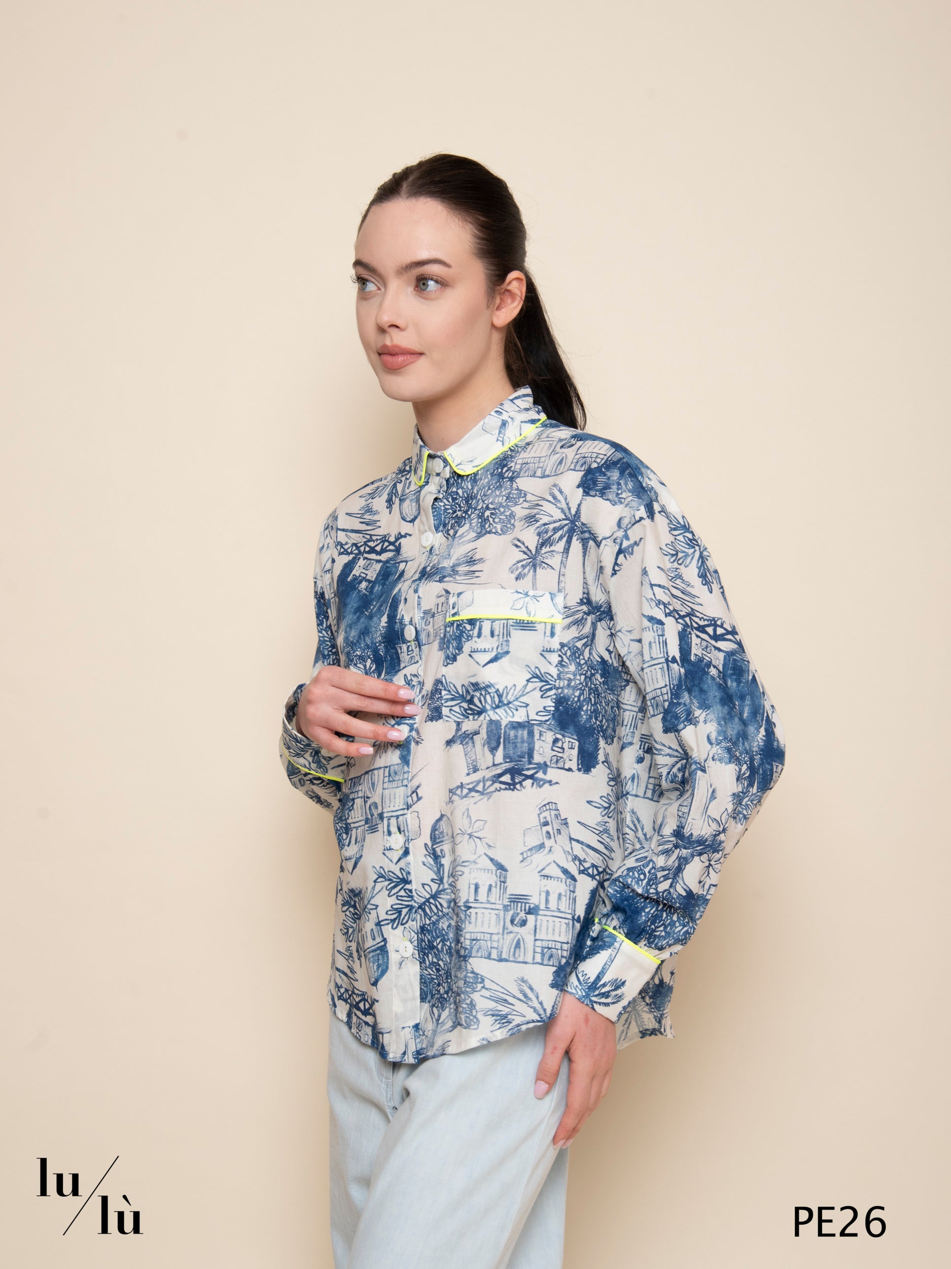 Ametista - Blusa in cotone stampato con piping