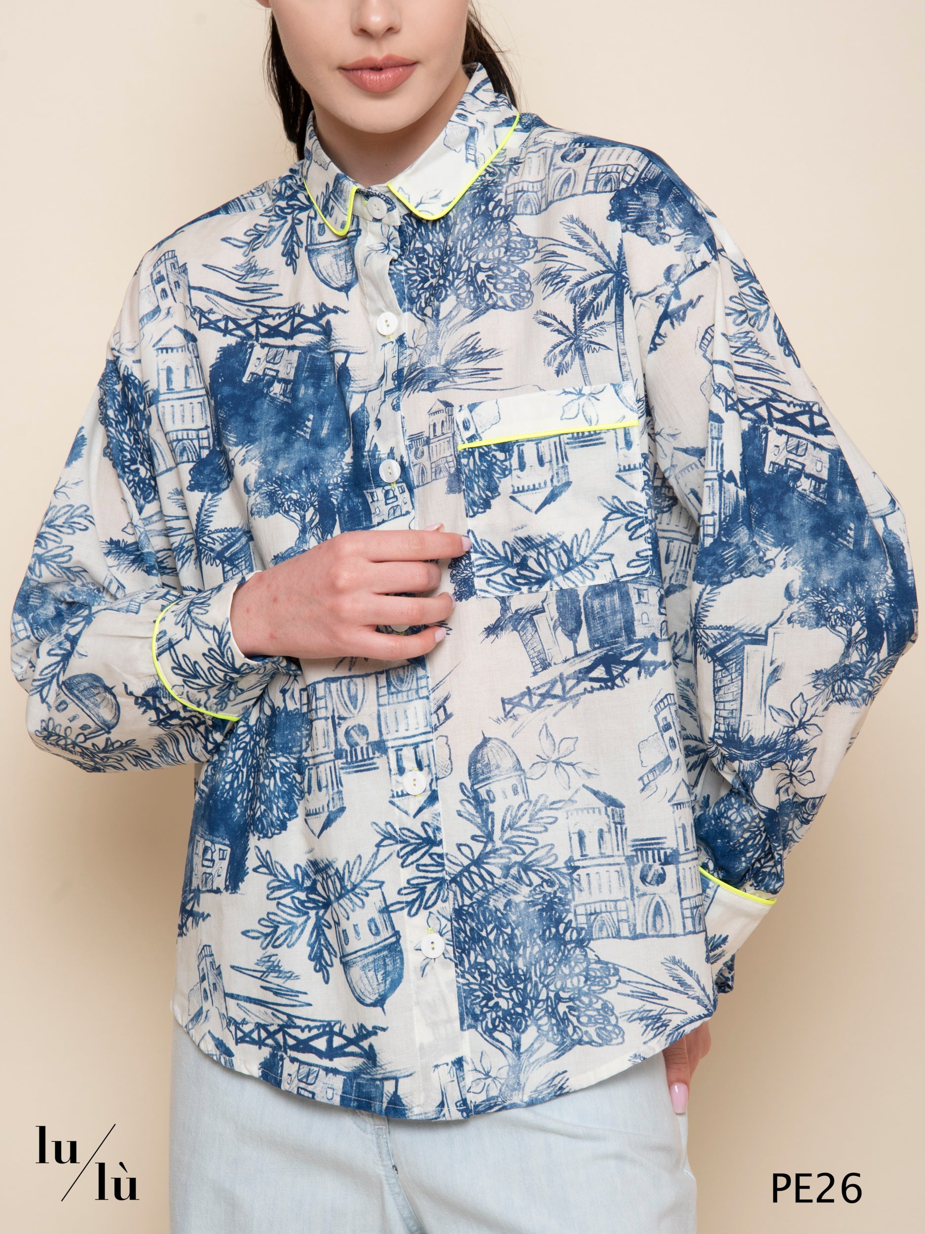 Ametista - Blusa in cotone stampato con piping