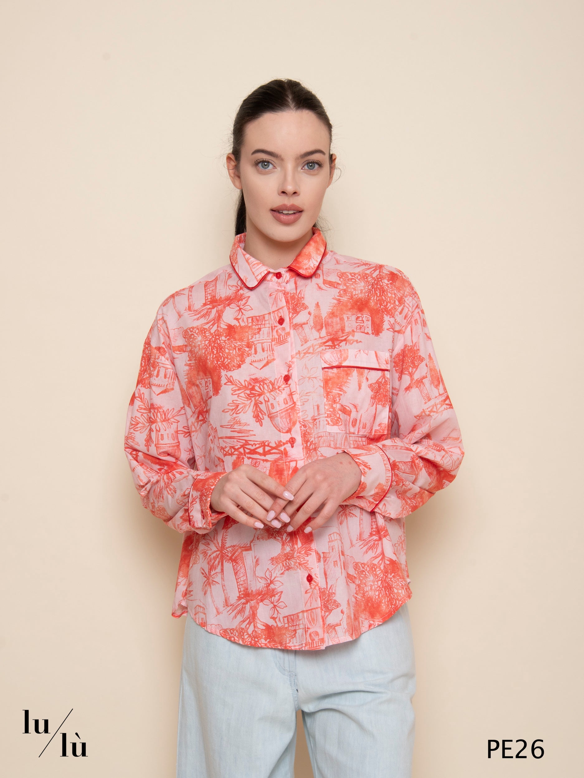 Citrina - Blusa in cotone stampato con piping