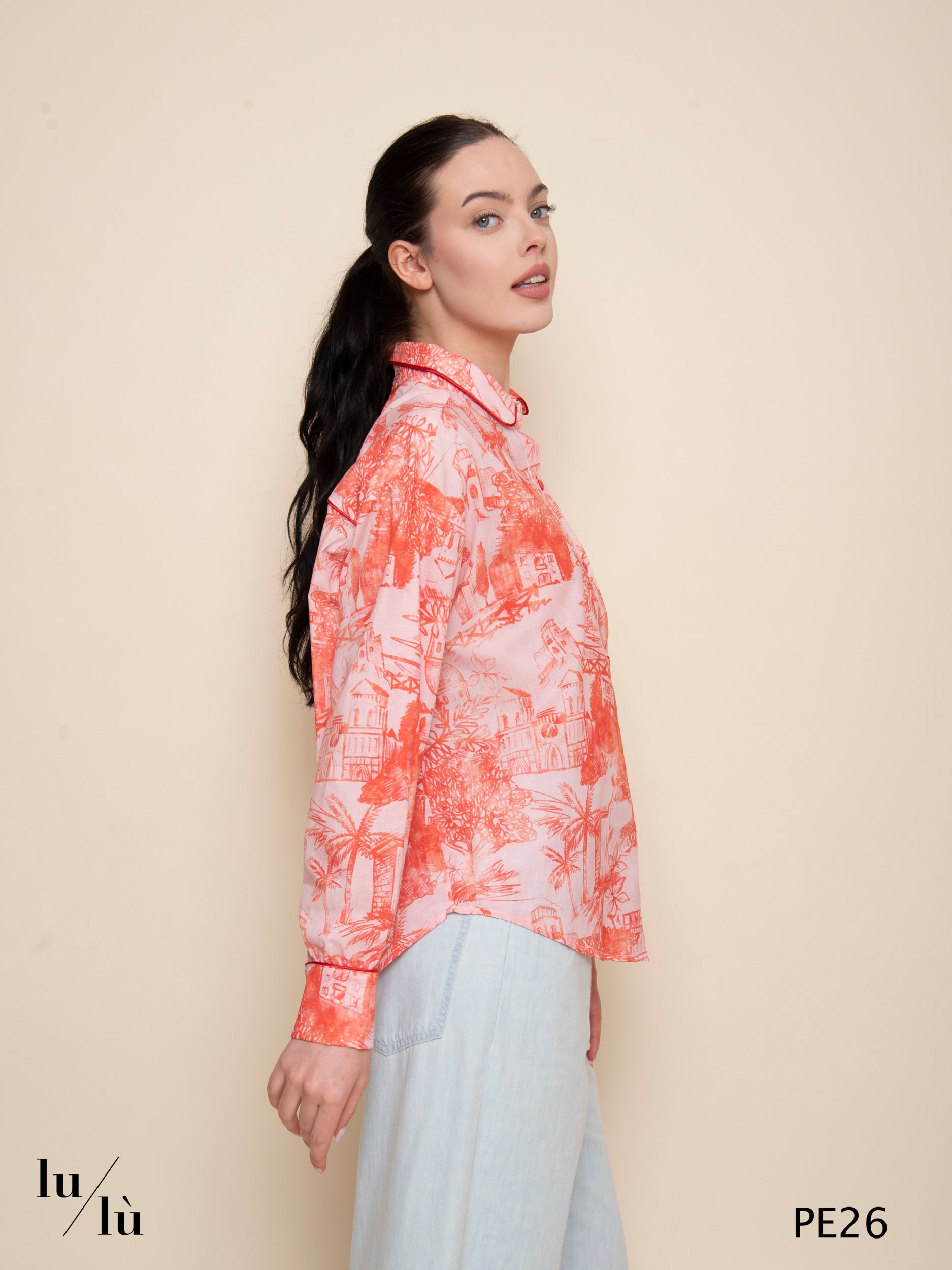 Citrina - Blusa in cotone stampato con piping