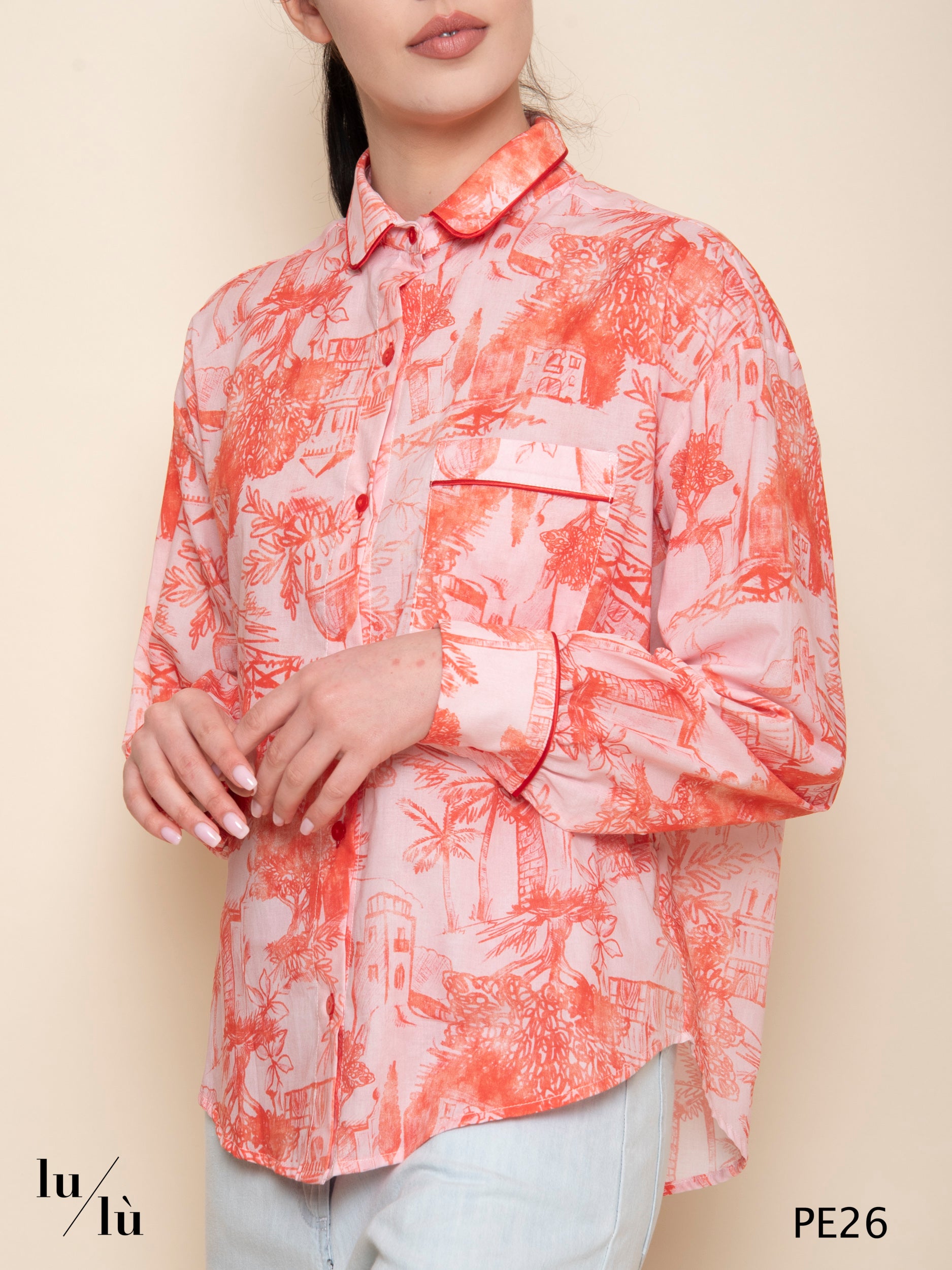 Citrina - Blusa in cotone stampato con piping
