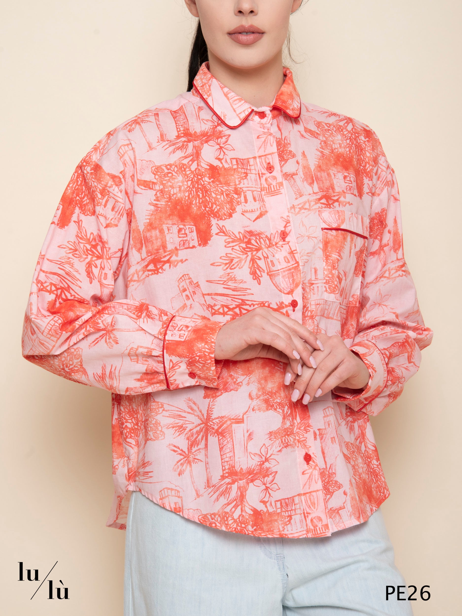 Citrina - Blusa in cotone stampato con piping