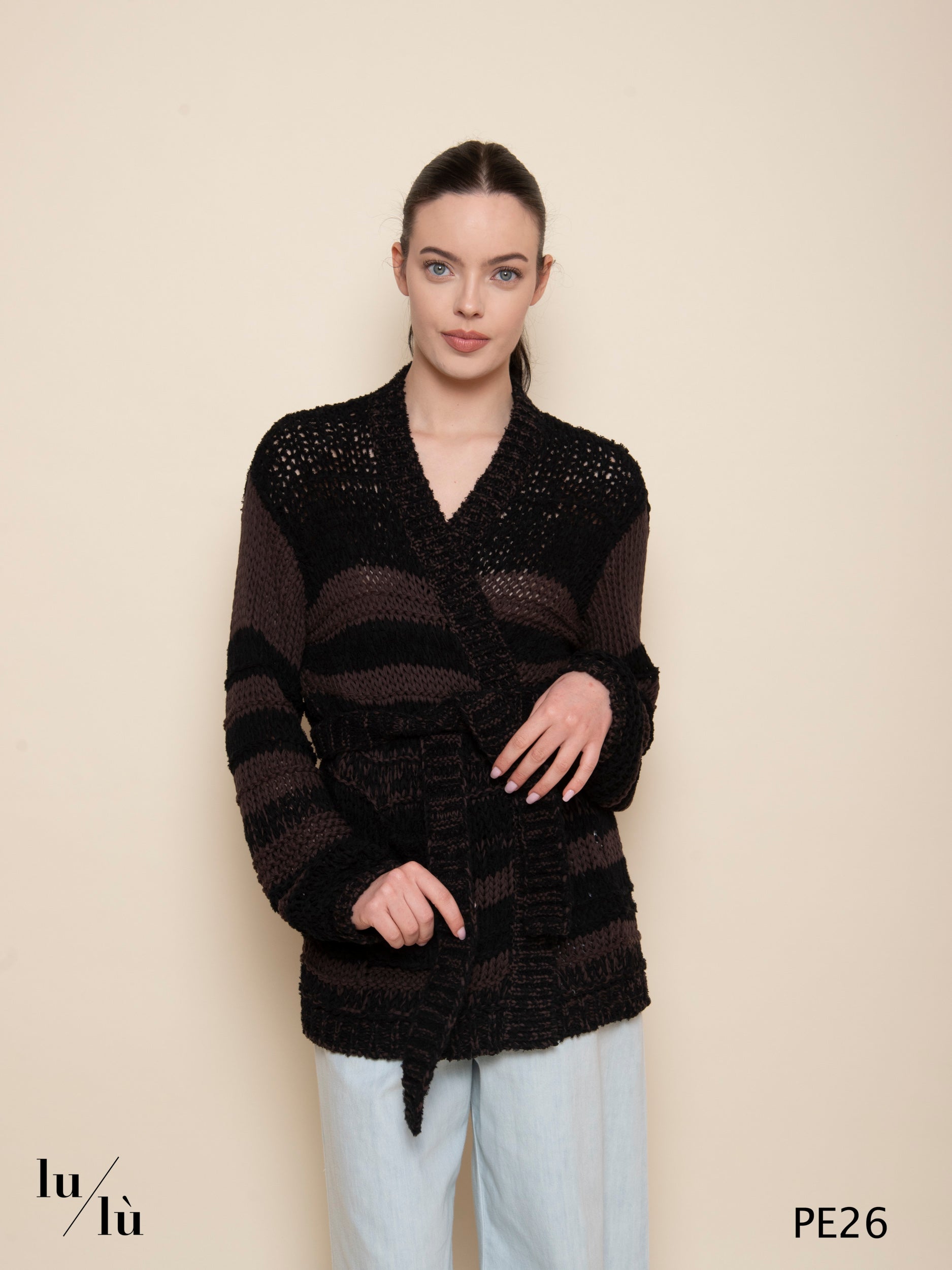 Morganite - Cardigan donna in fettuccia di cotone con cintura