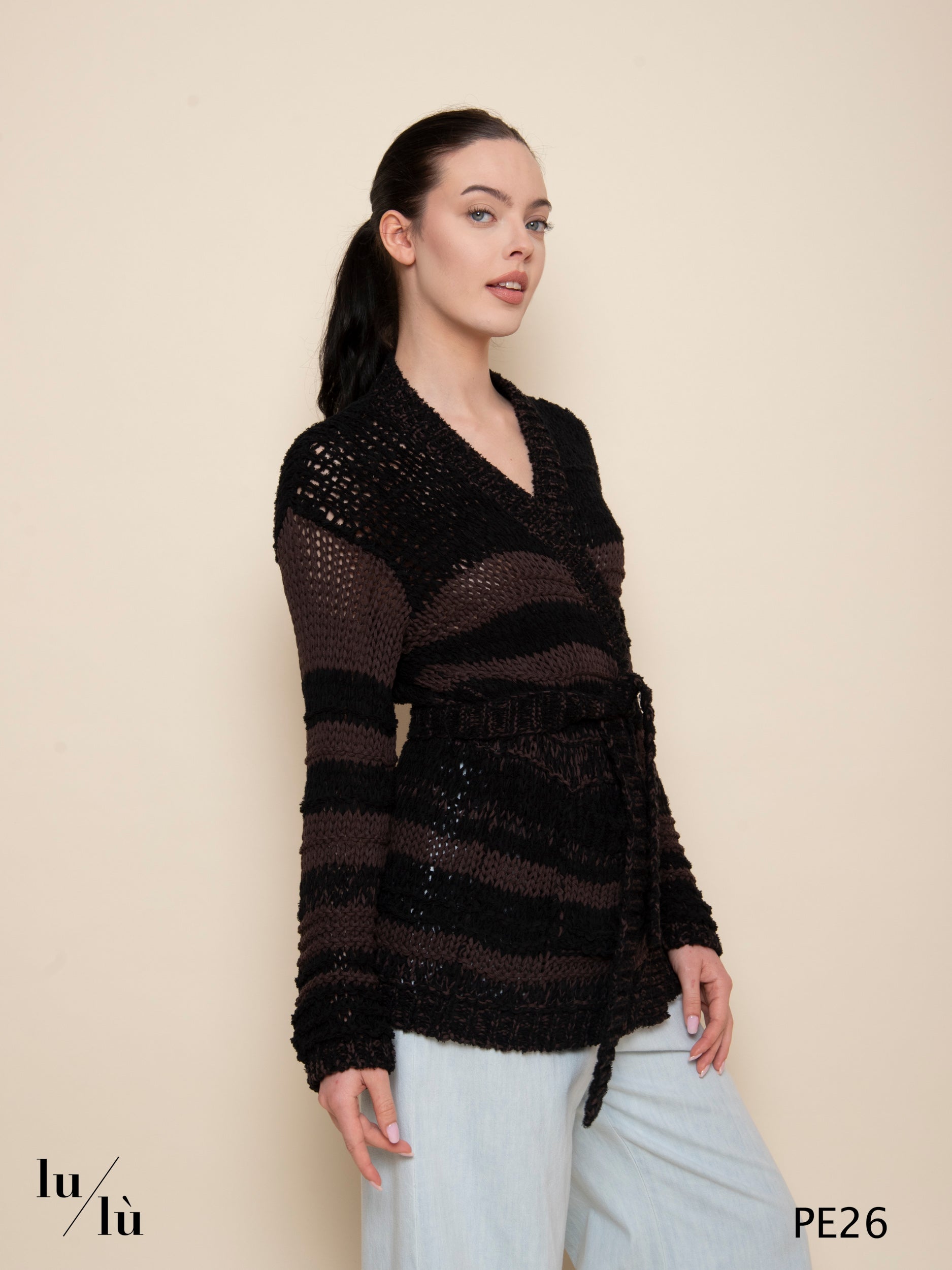 Morganite - Cardigan donna in fettuccia di cotone con cintura