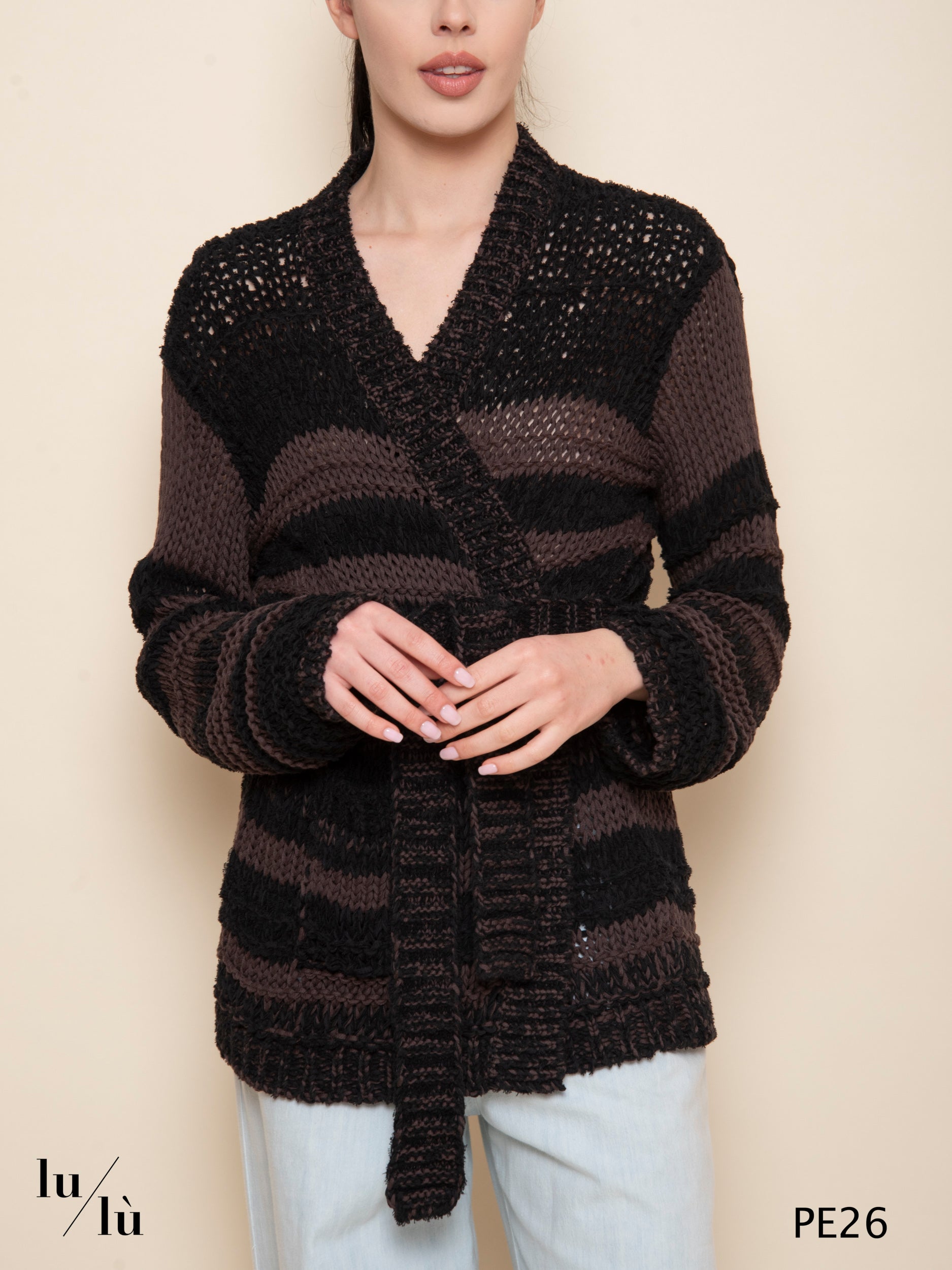 Morganite - Cardigan donna in fettuccia di cotone con cintura