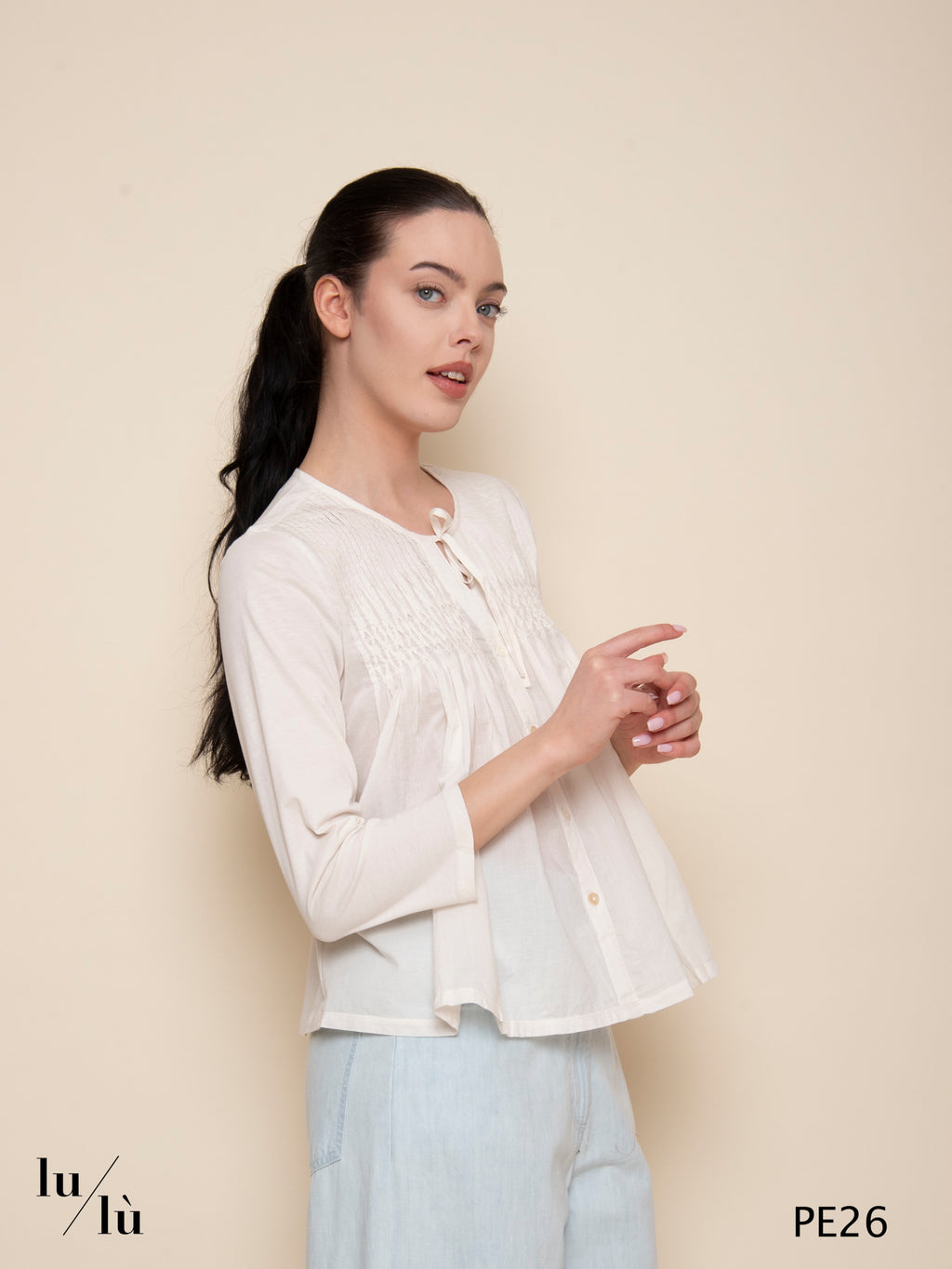 Corniola - Camicia bimateriale in cotone sostenibile con plastron lavorato