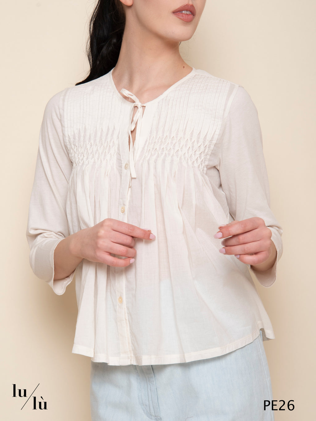 Corniola - Camicia bimateriale in cotone sostenibile con plastron lavorato