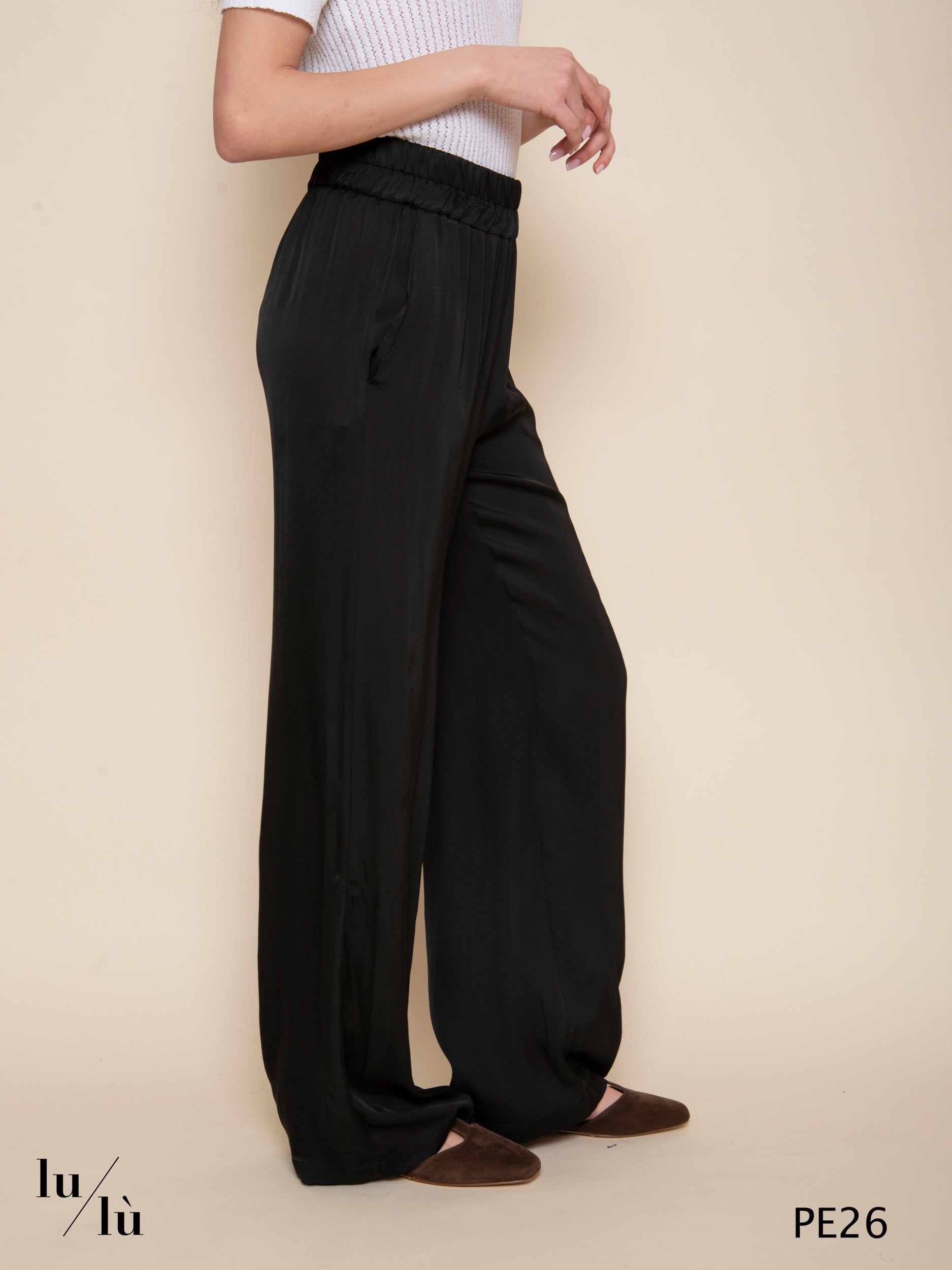 Portoricolo - Pantalone nero in viscosa con elastico in vita
