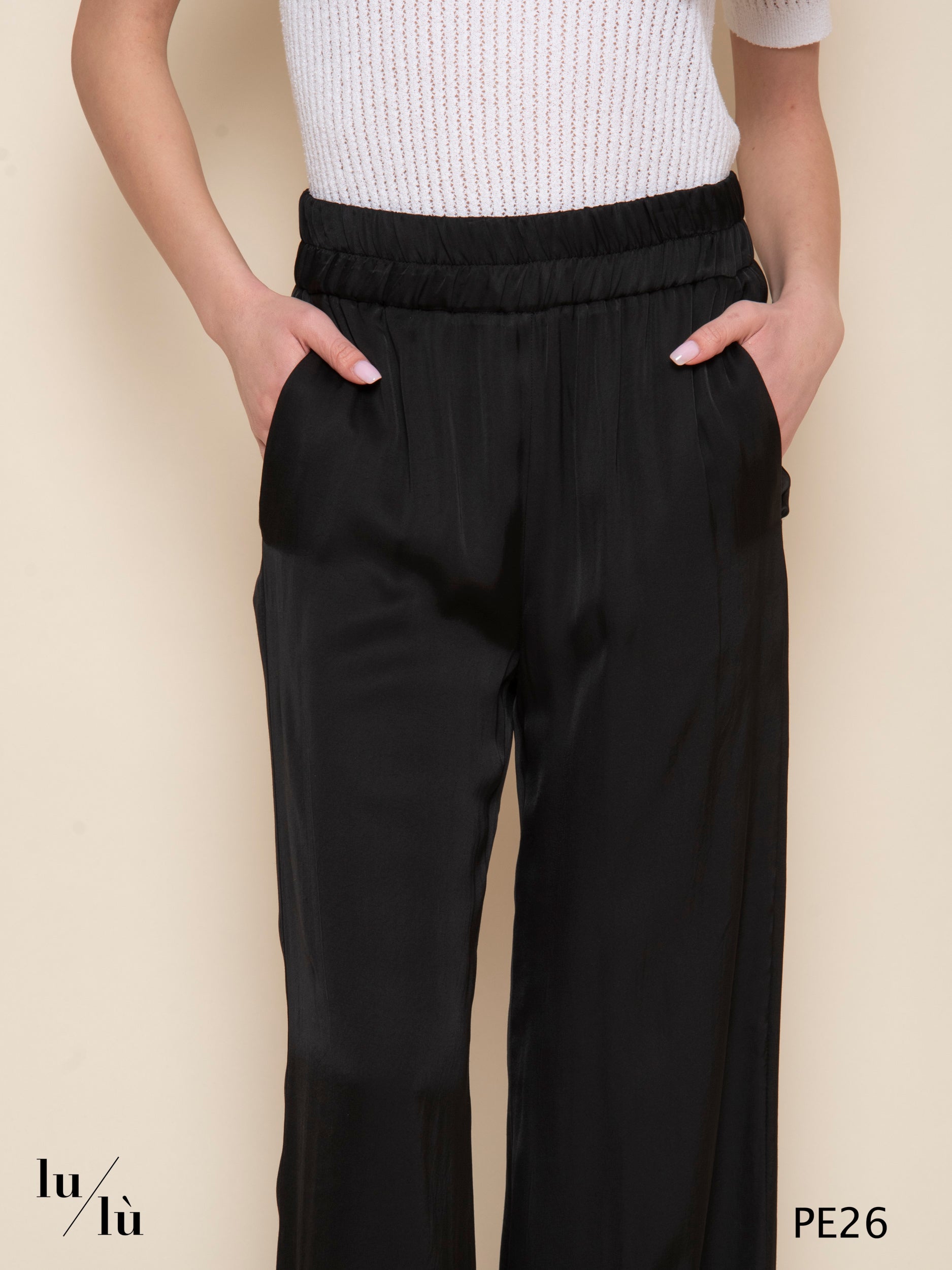 Portoricolo - Pantalone nero in viscosa con elastico in vita