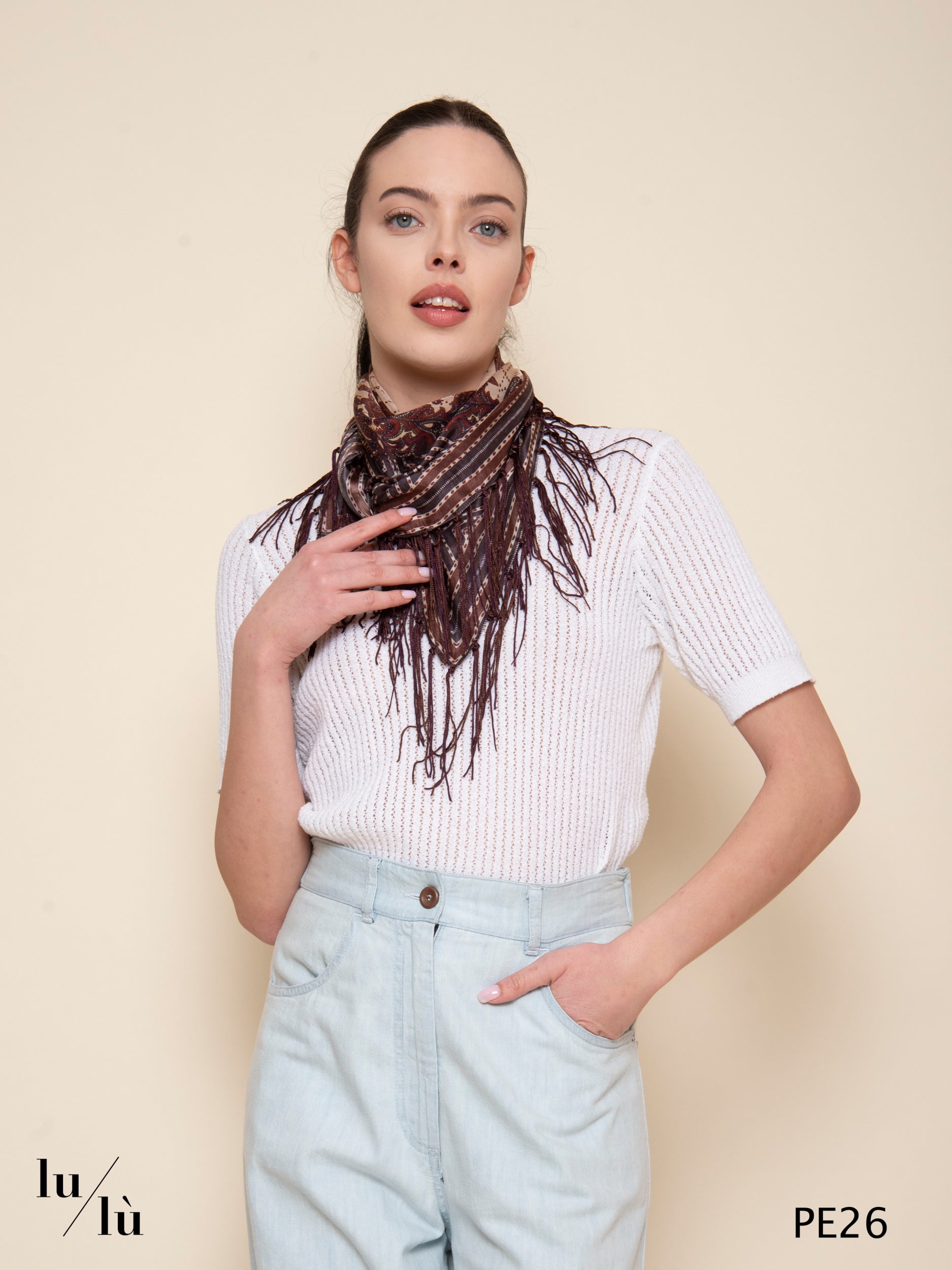 Fareo - Foulard quadrato in seta con frange stampa artistica