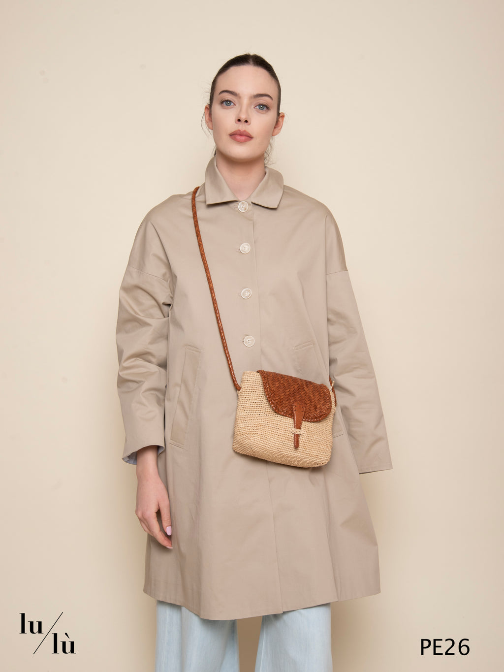 Fuego Cognac - Borsa a tracolla in rafia naturale con pelle intrecciata