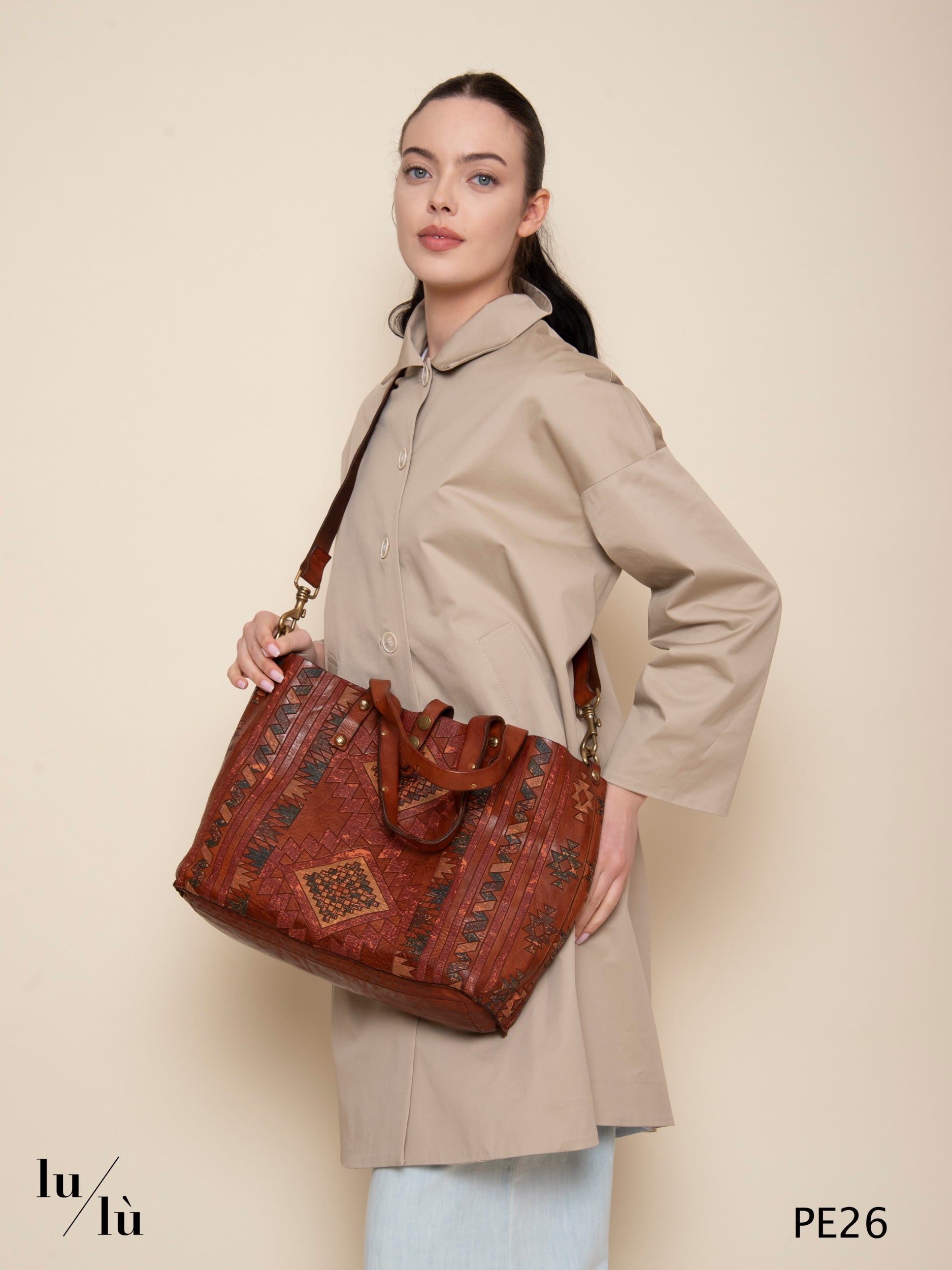 Bella Cognac - Borsa in pelle cognac stampa azteca