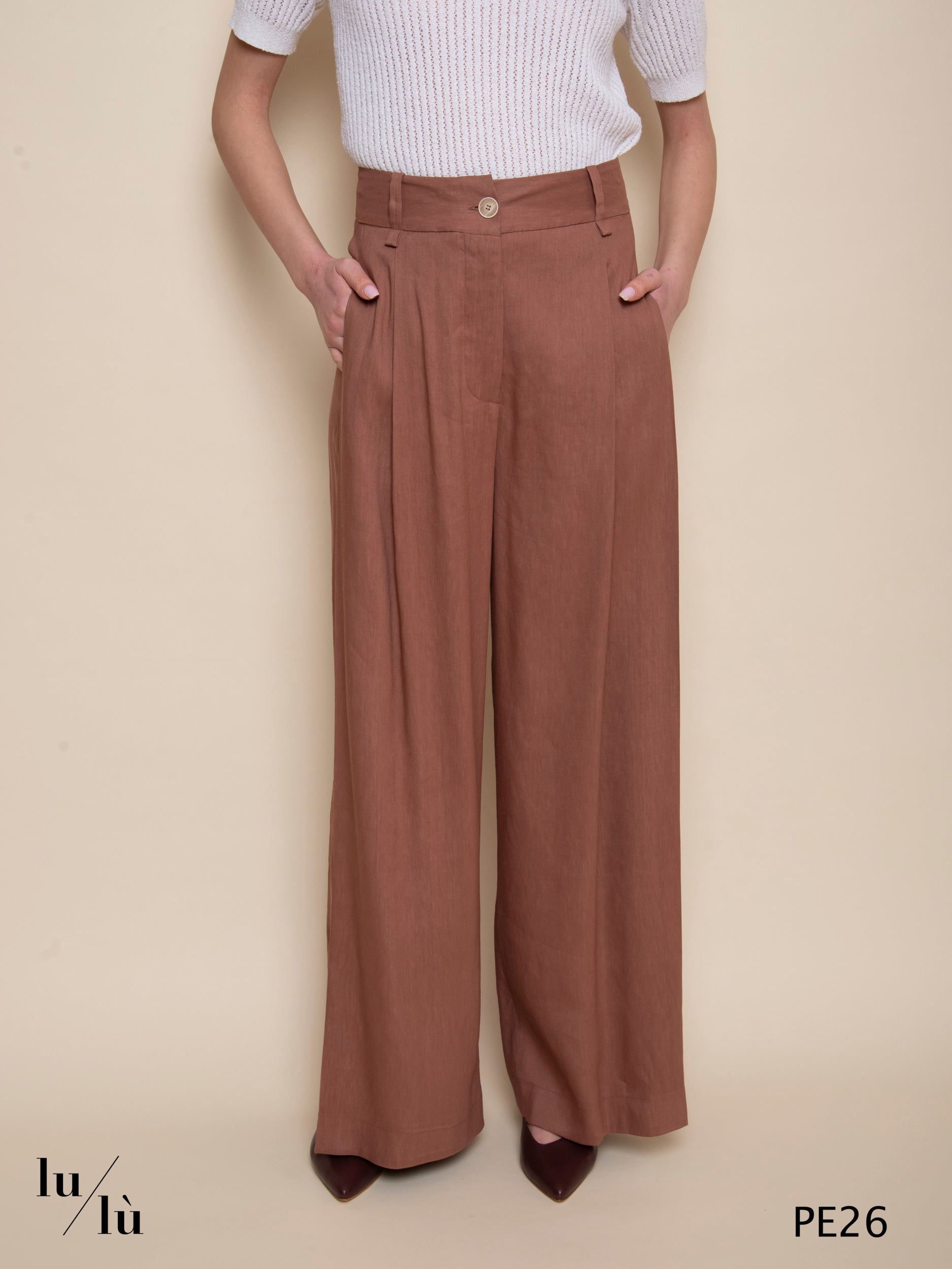 Ioana - Pantalone wide leg in lino e viscosa color terracotta