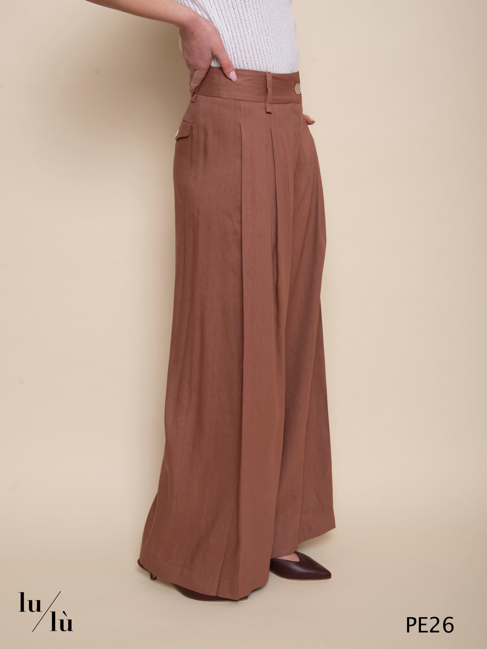 Ioana - Pantalone wide leg in lino e viscosa color terracotta