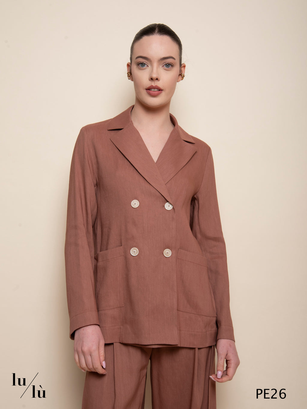 Amaia - Giacca doppiopetto in lino e viscosa color terracotta