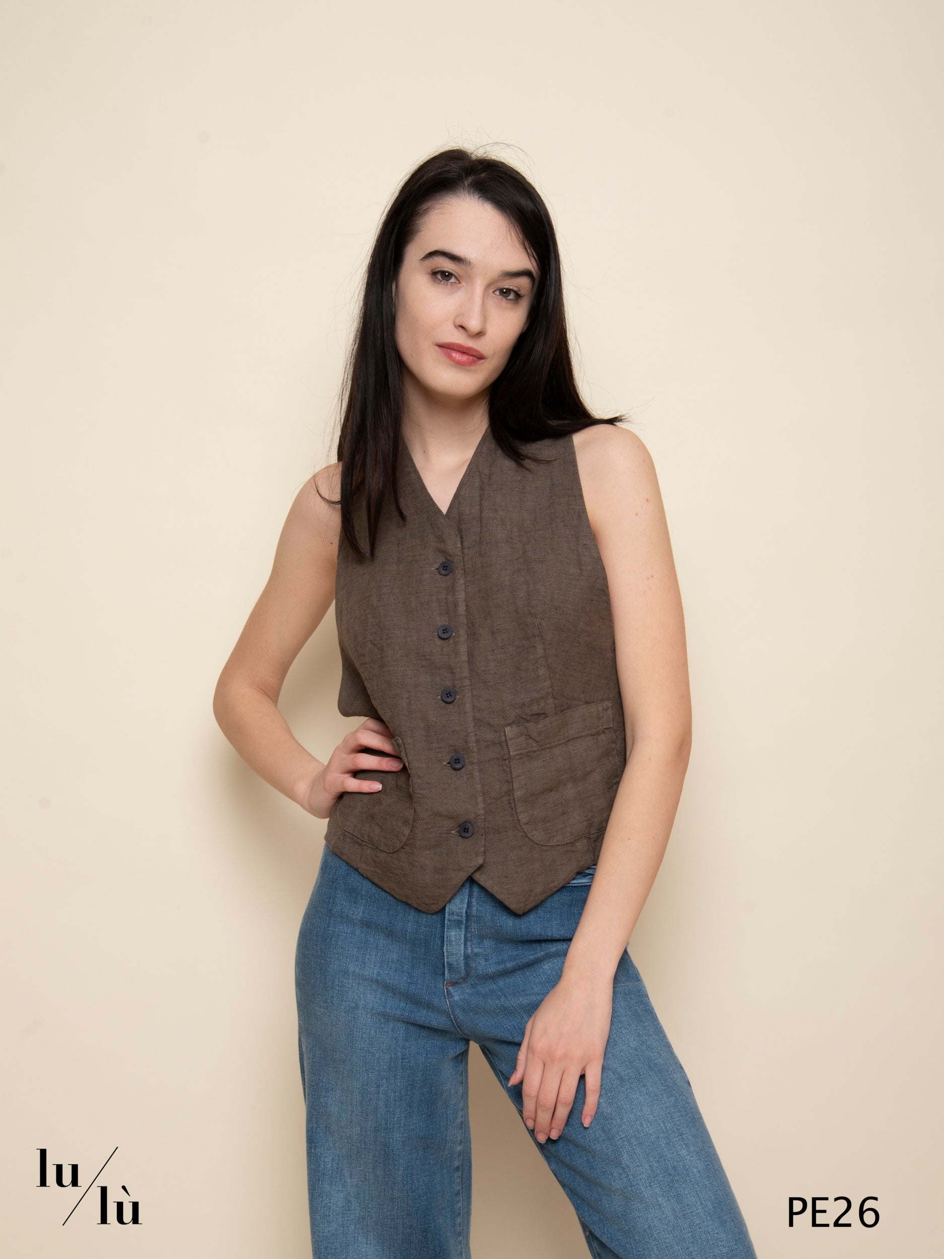 Chantara - Top gilet in lino e cotone