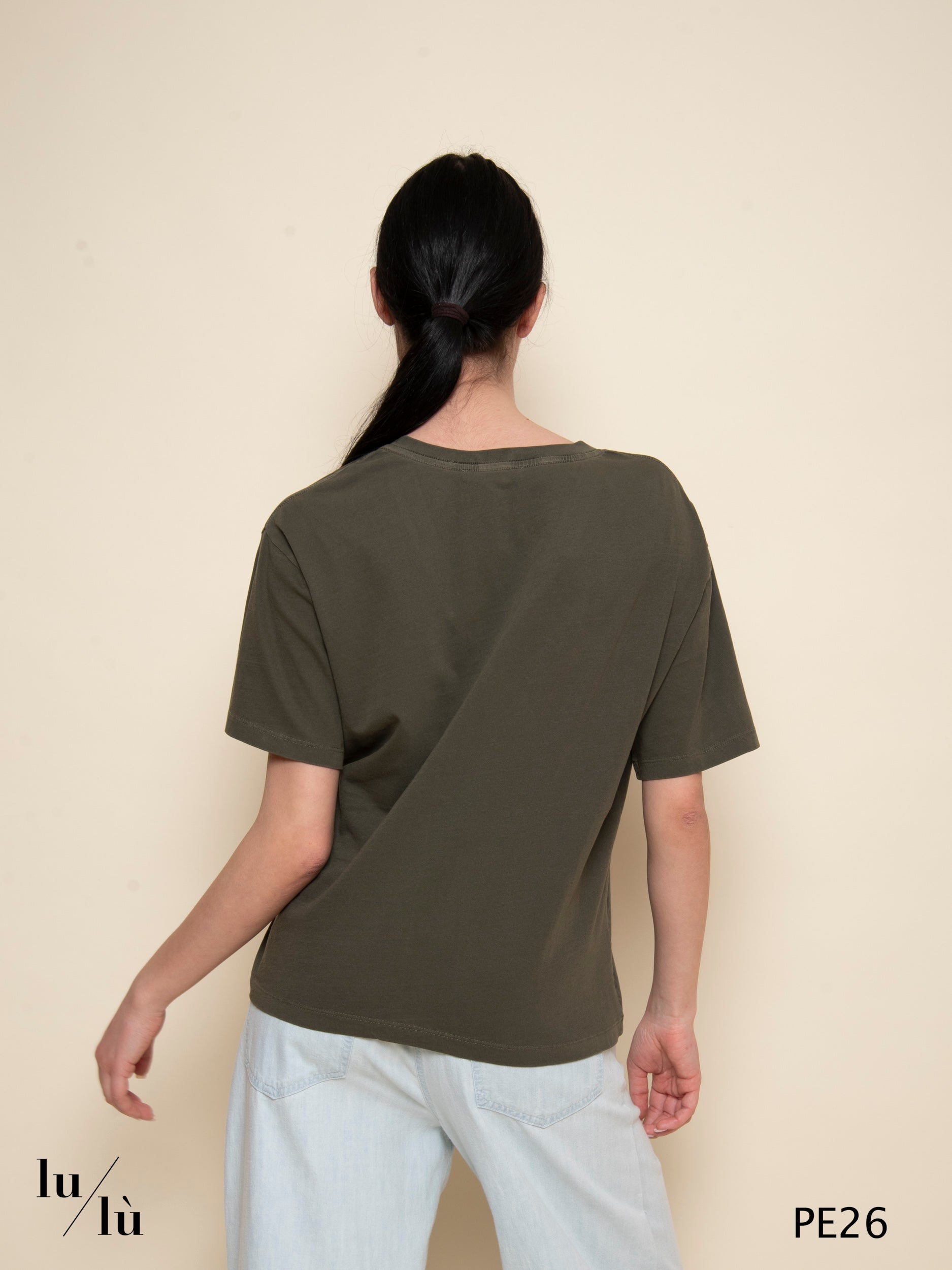 Amaria Kaki - T-shirt in puro cotone con scollo a V e manica al gomito
