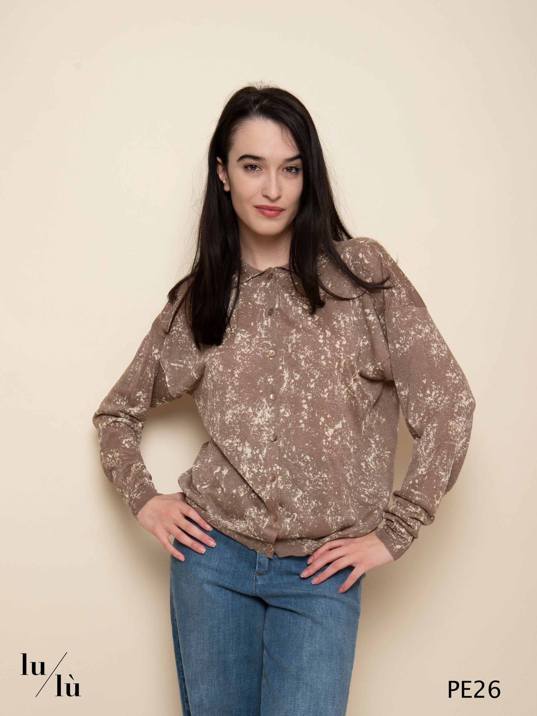 Narisa - Cardigan polo stampato in viscosa e poliestere