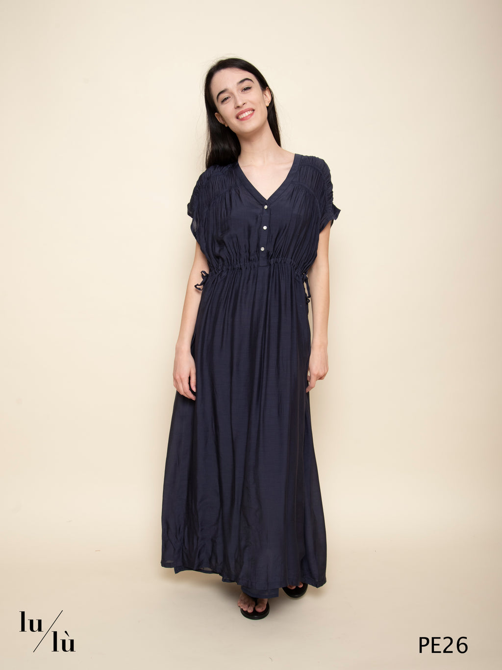 Agnes Navy - Abito lungo in viscosa con arricciature